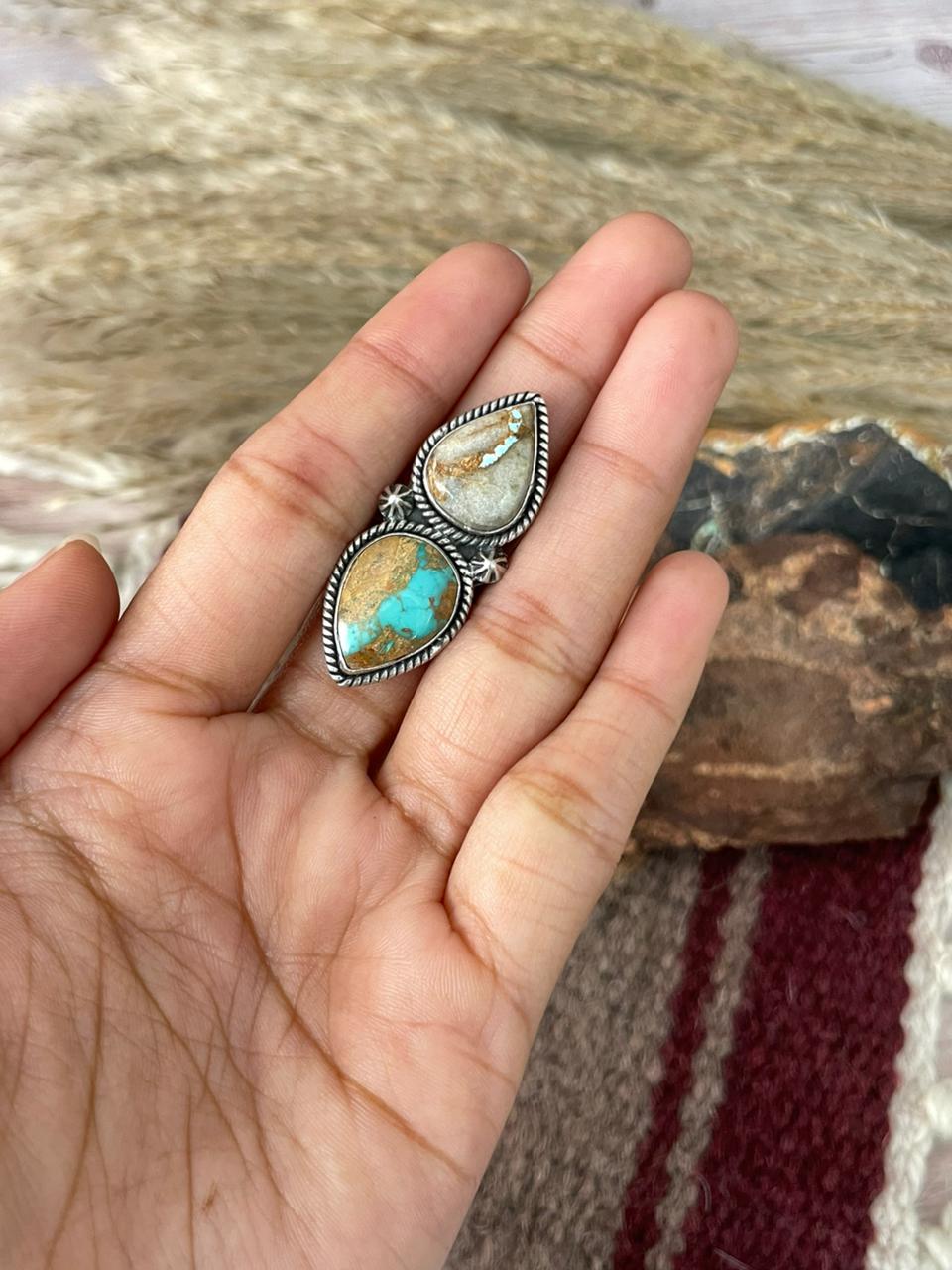 Handmade Sterling Silver Royston Ribbon Turquoise Adjustable Ring "Signed Nizhoni"