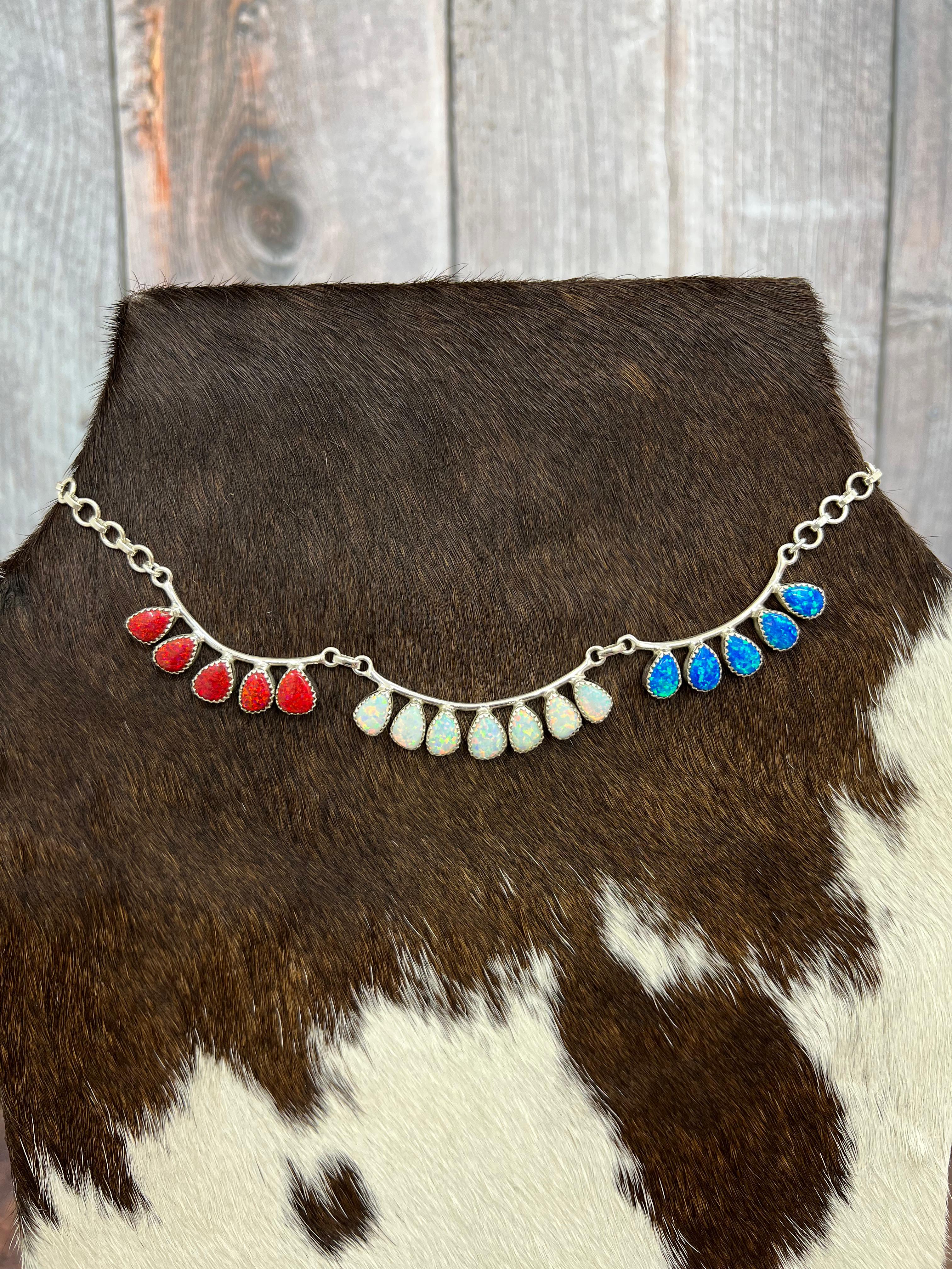 ** 4TH OF JULY ** Handmade Sterling Silver Synthetic Opal Necklace with Signed Nizhoni