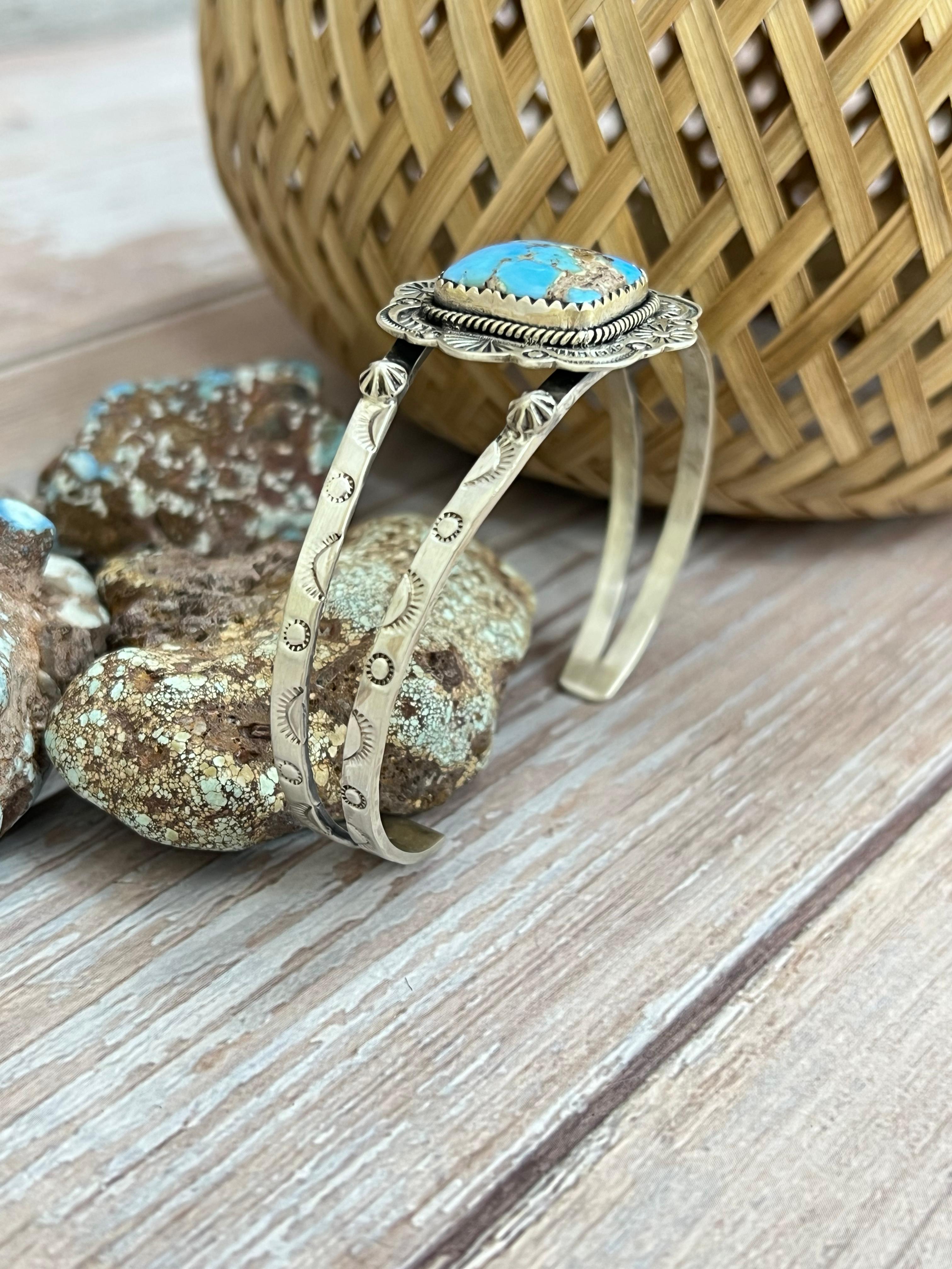 Handmade Sterling Silver Golden Hills Turquoise Cuff Bracelet with Signed Nizhoni