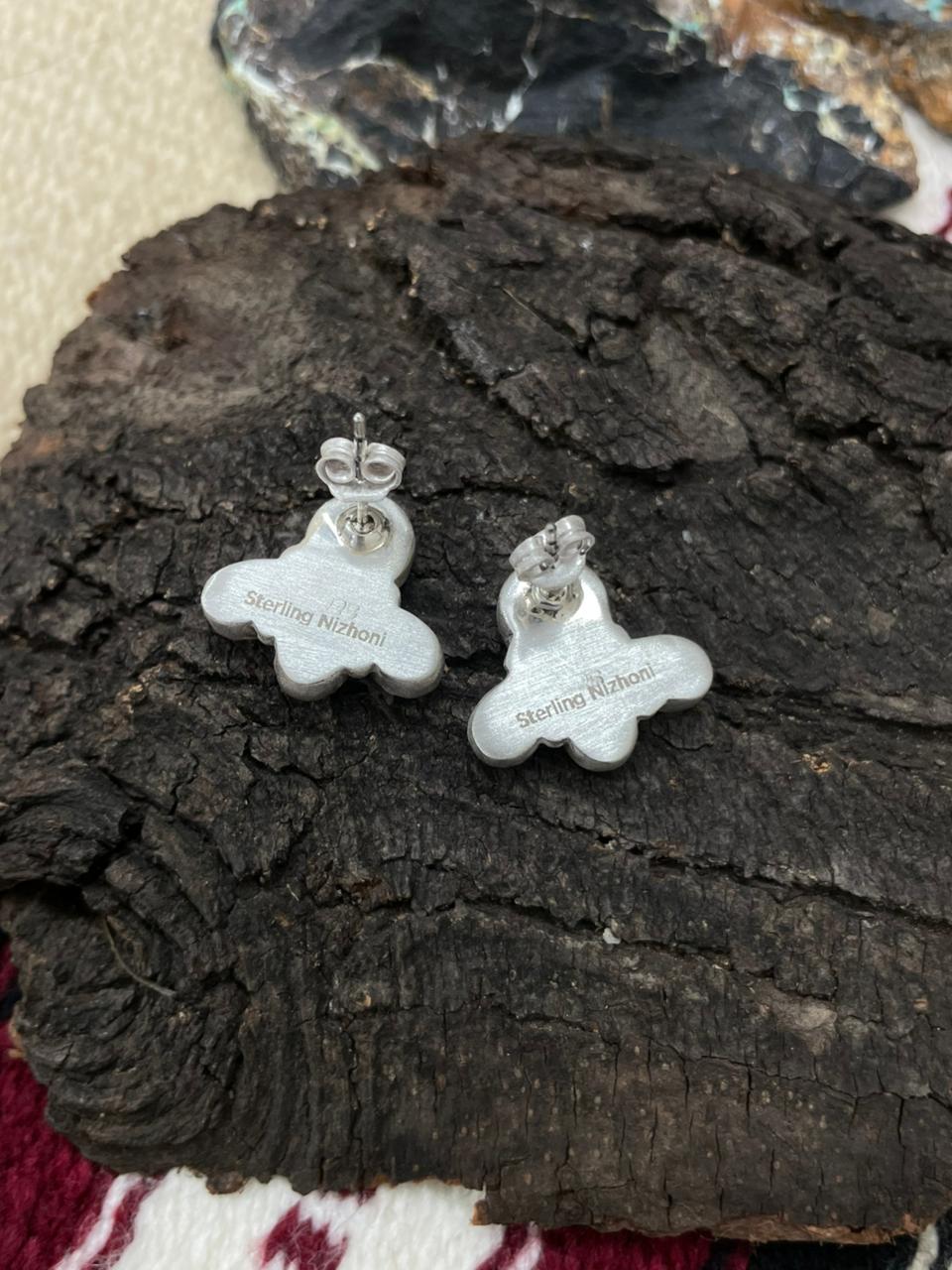 "Christmas Collection" Handmade Sterling Silver White Buffalo with Red Opal Studs Earrings "Signed Nizhoni"