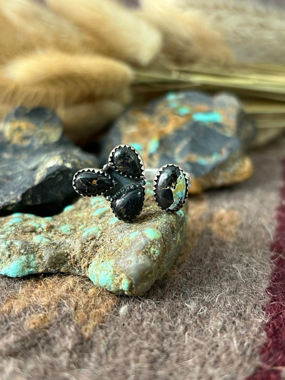 Handmade Sterling Silver Blackjack Turquoise Adjusatble Ring "Signed Nizhoni"