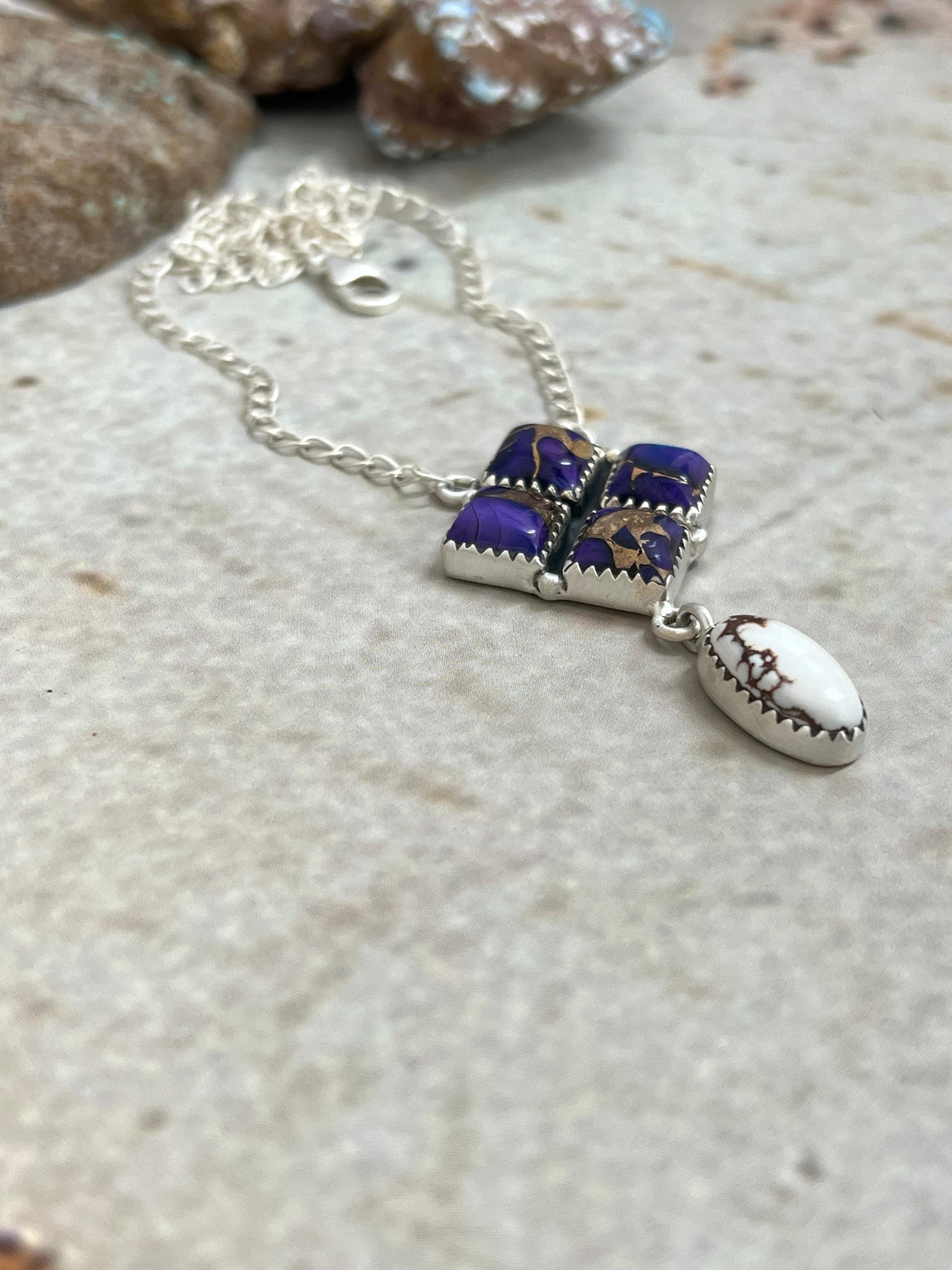 Handmade Sterling Silver Grape Dahlia with Wild Horse Necklace with Signed Nizhoni