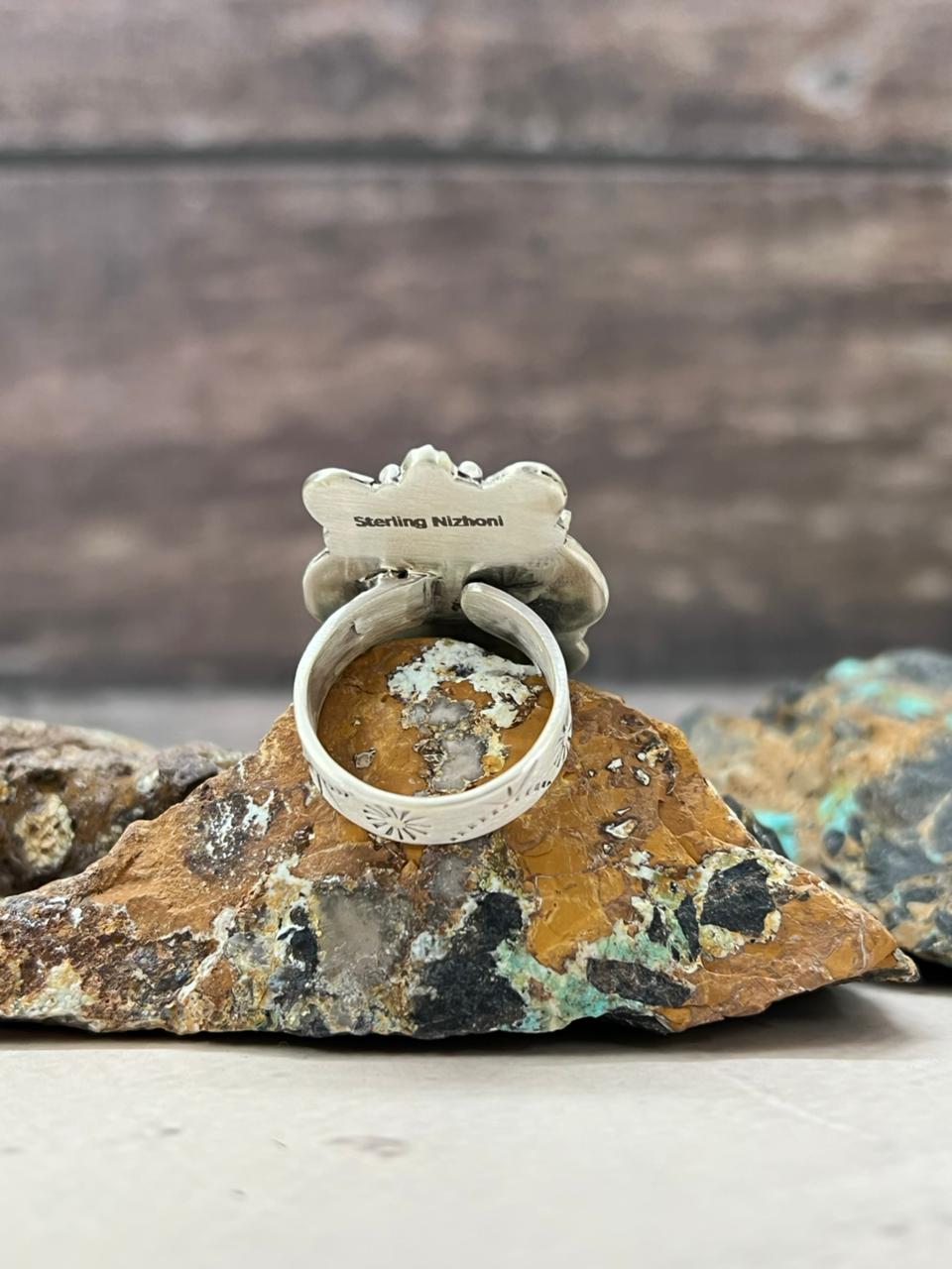 Handmade Sterling Silver Number 8 Turquoise Adjustable Ring "Signed Nizhoni"