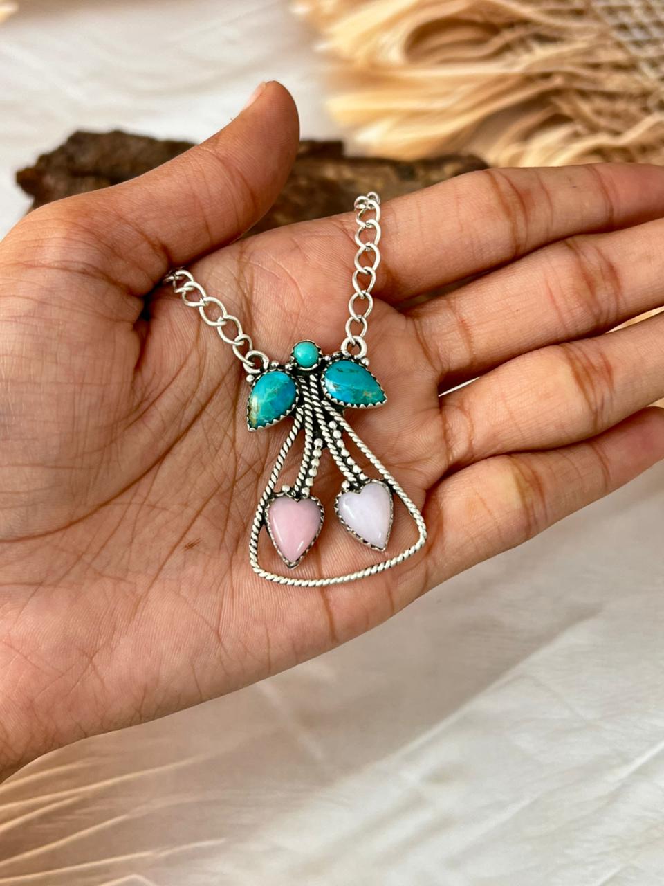 Handmade Sterling Silver Pink Opal with Kingman Turquoise Cherry Necklace "Signed Nizhoni"