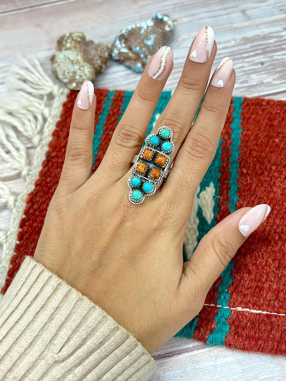 Handmade Sterling Silver Kingman With Orange Mohave Adjustable Ring "Signed Nizhoni" (2)