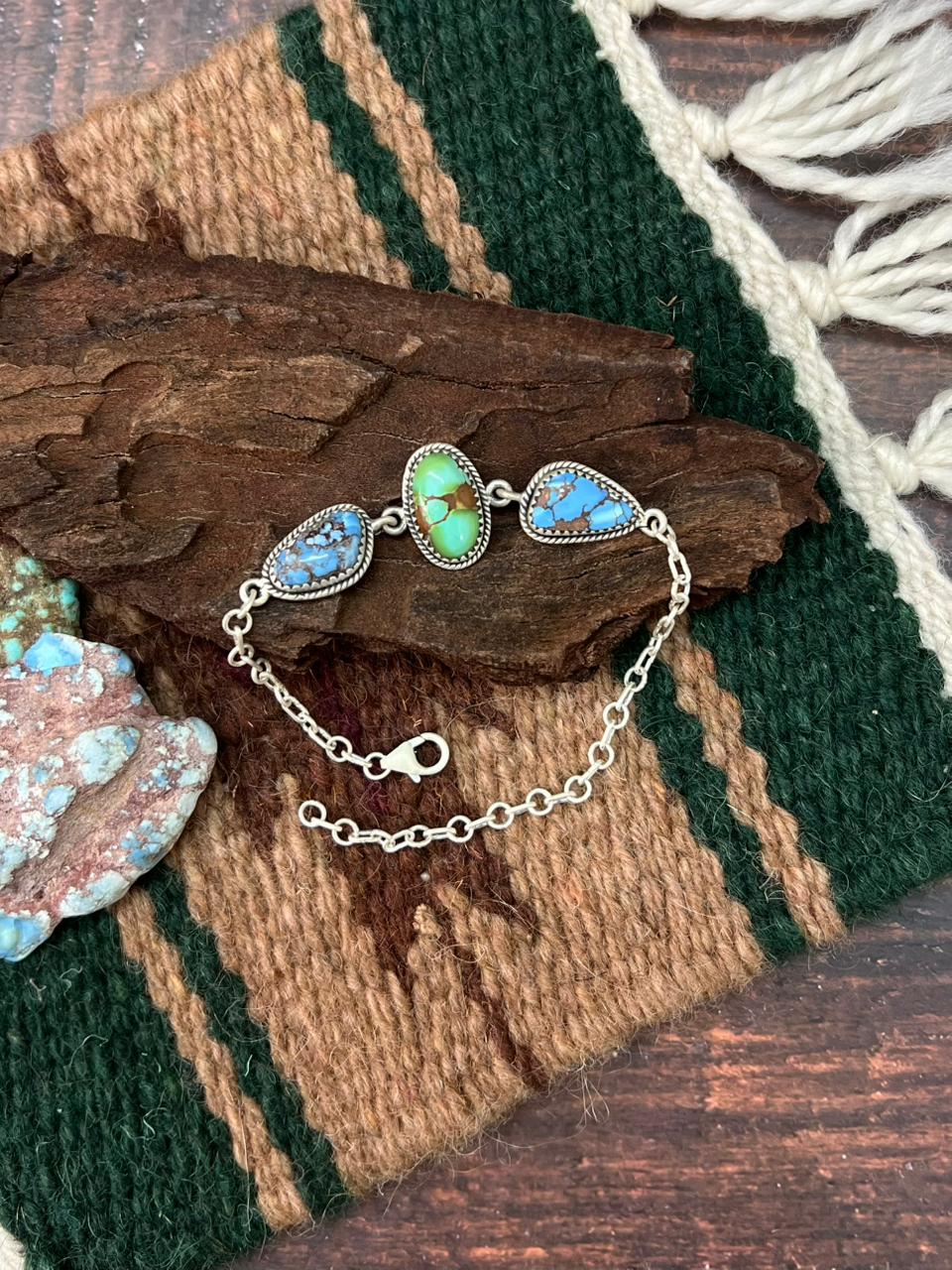 Handmade Sterling Silver Golden Hills with Sonoran Mountain Turquoise Chain Bracelet "Signed Nizhoni"