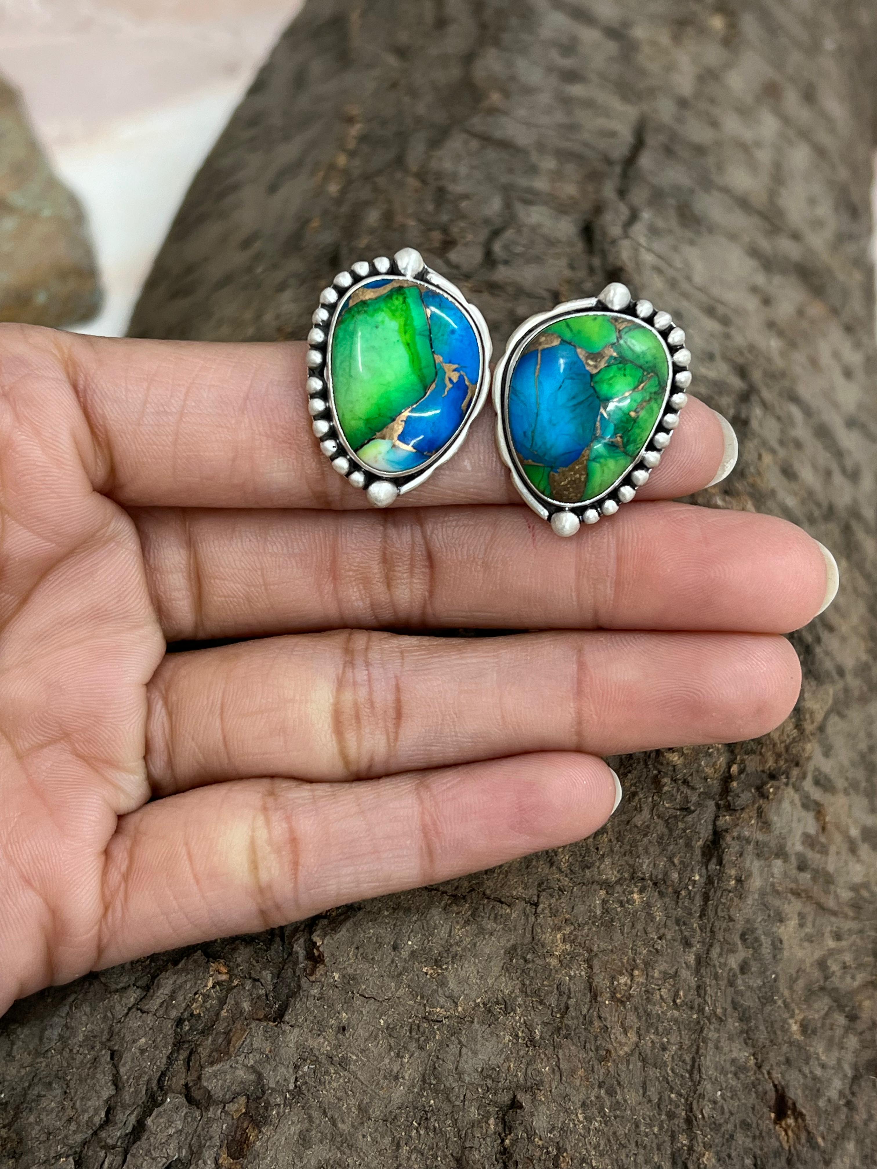 Handmade Sterling Silver Peacock Dahlia Post Earrings with Signed Nizhoni