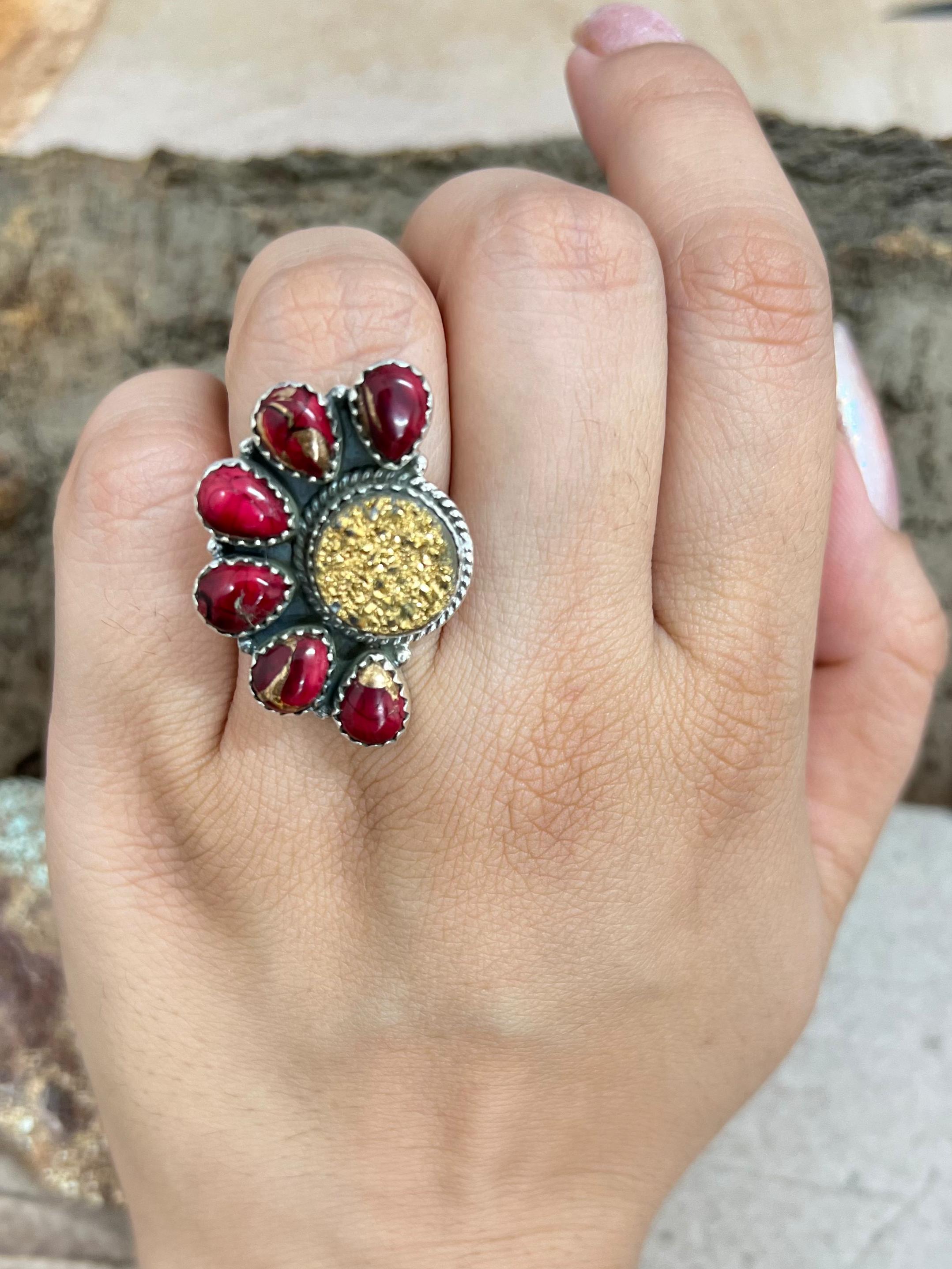Handmade Sterling Silver Dahlia Rose with Druzy Adjustable Ring with Signed Nizhoni