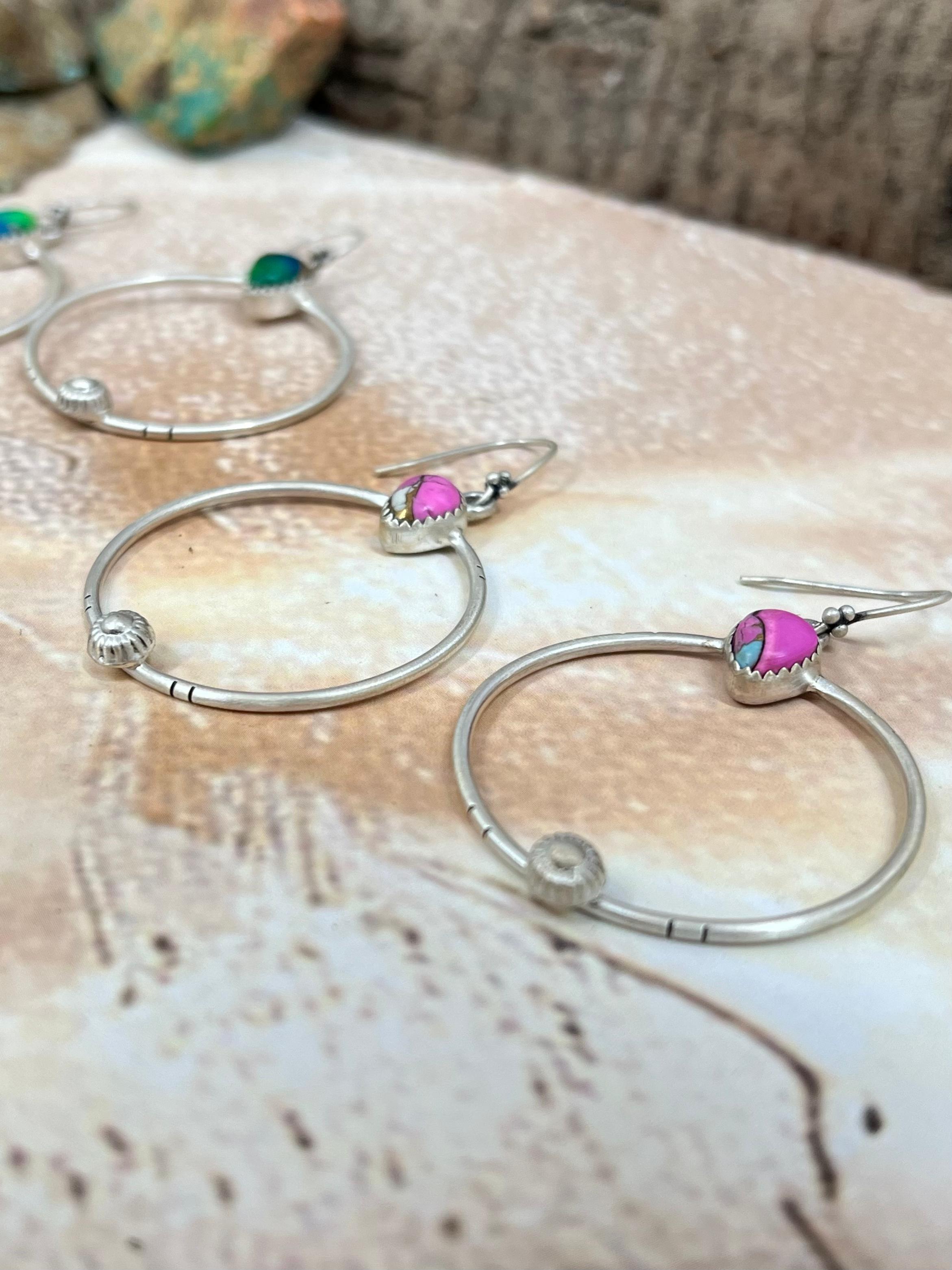 Handmade Sterling Silver Peacock Dahlia, Cotton Candy Turquoise Hook Earrings with Signed Nizhoni