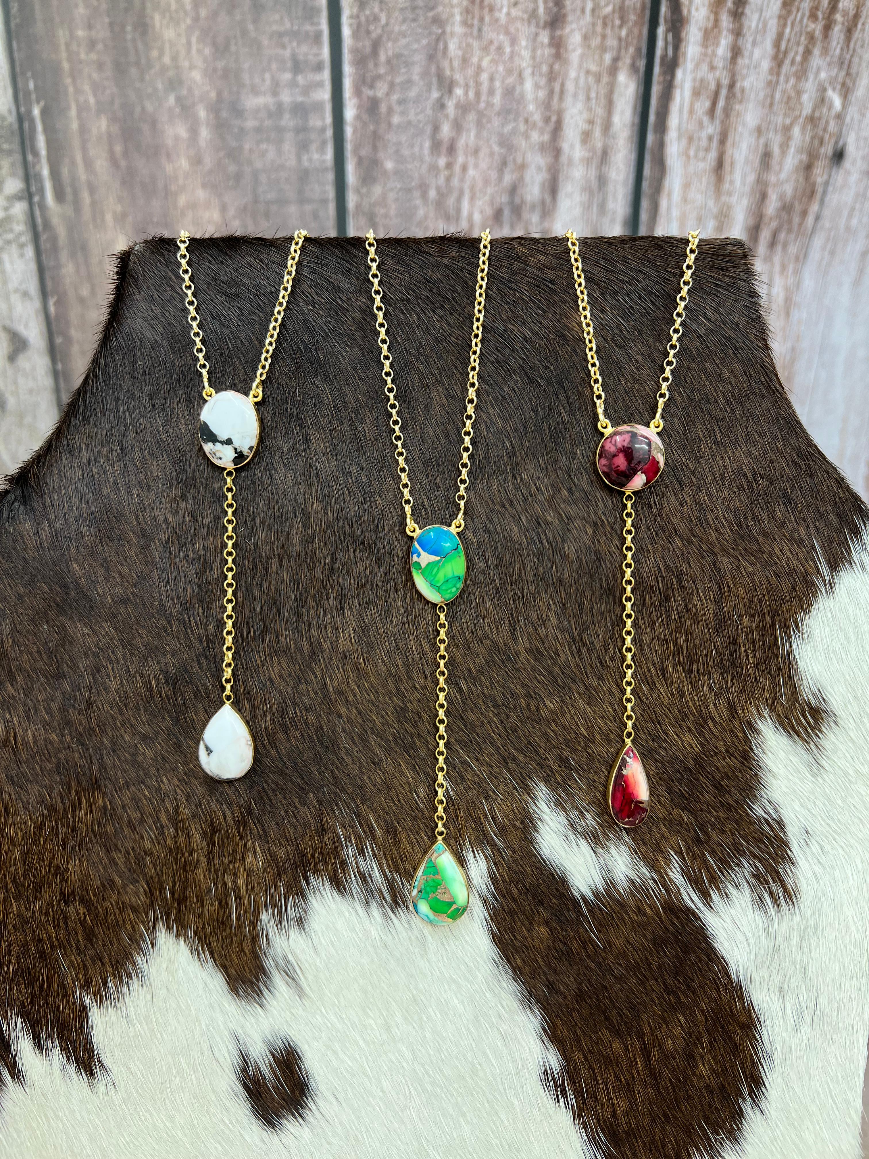 “The Golden Collection” Natural White Buffalo, Peacock Dahlia, Dahlia Rose Drop Necklace