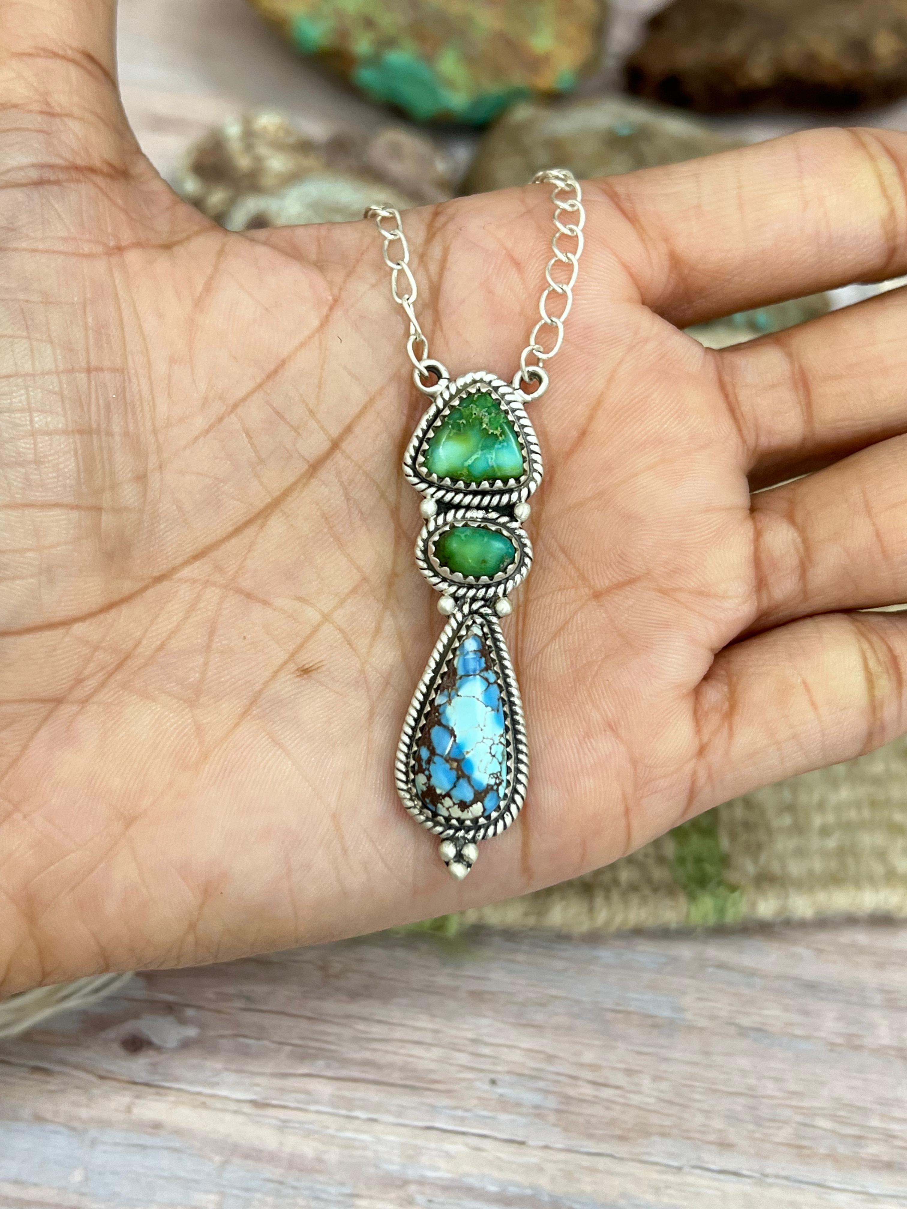 Handmade Sterling Silver Golden Hills Turquoise, Sonoran Mountain Turquoise Necklace with Signed Nizhoni