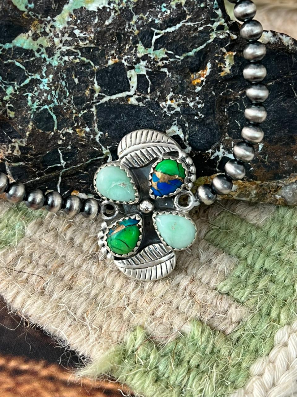 Handmade Sterling Silver Paloma with Peacock Dahlia Beaded Stretch Bracelet "Signed Nizhoni"