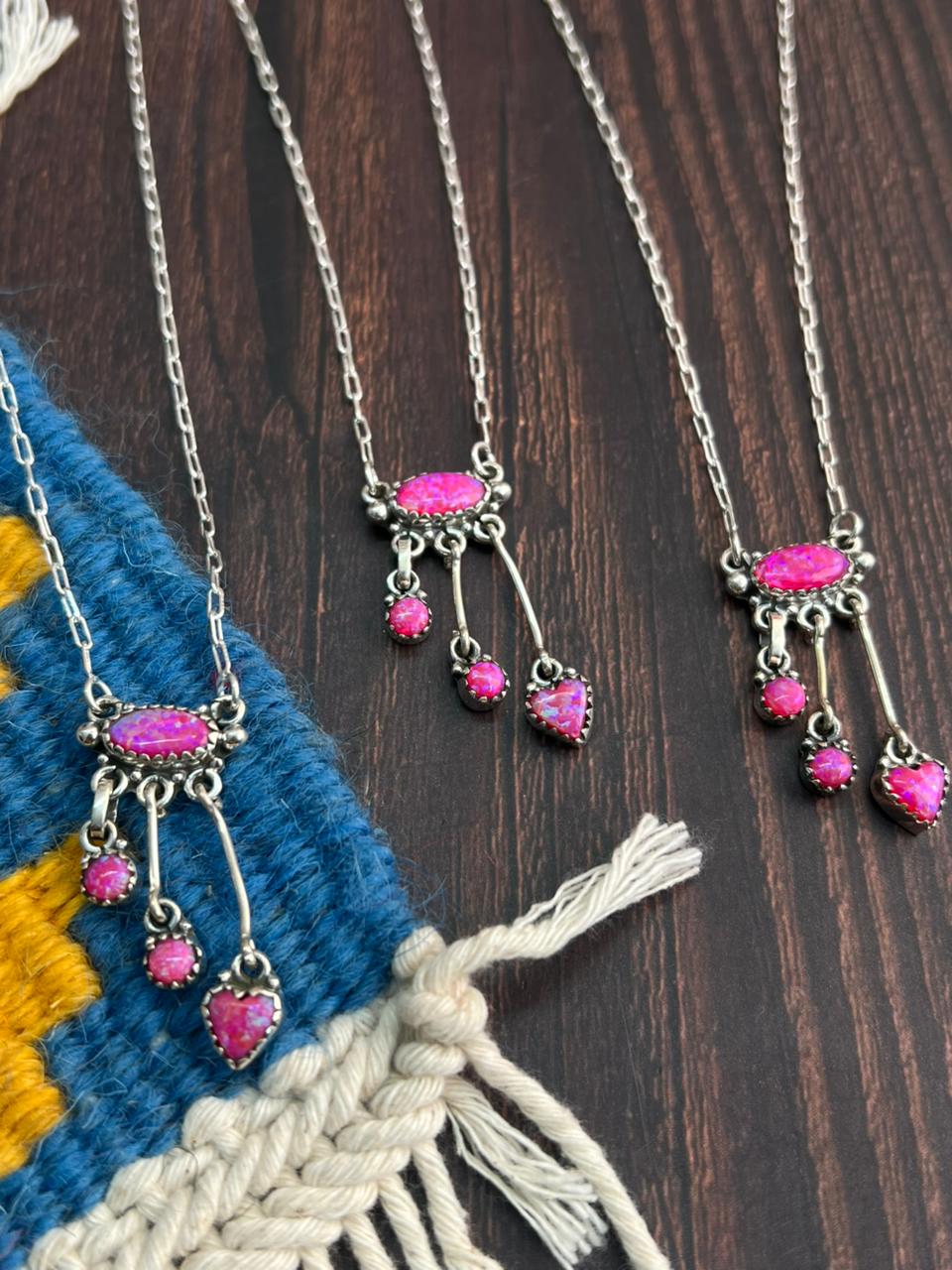 "Heart Collection" Handmade Sterling Silver Hot Pink Necklace "Signed Nizhoni"