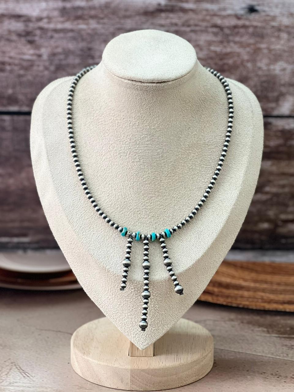 Handmade Sterling Silver Kingman Turquoise Beaded Necklace "Signed Nizhoni"