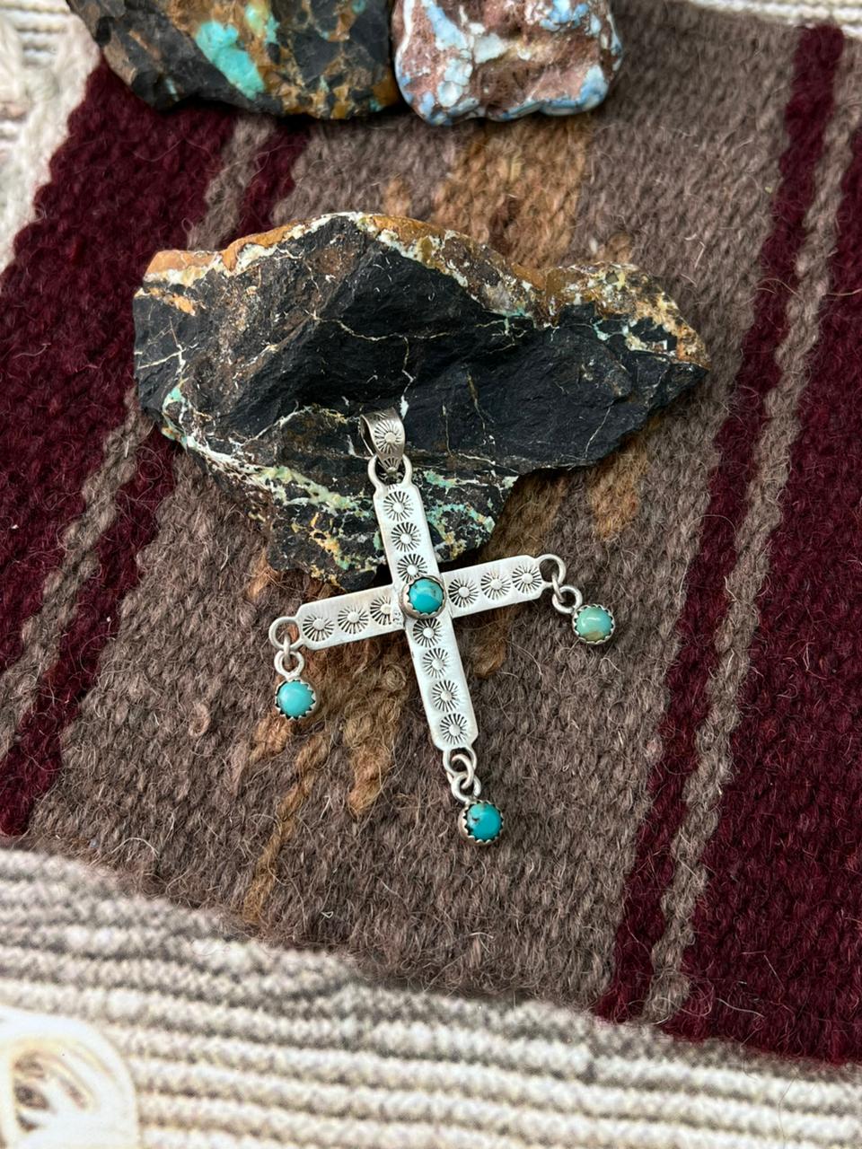 Handmade Sterling Silver Kingman Turquoise Cross Pendant "Signed Nizhoni"