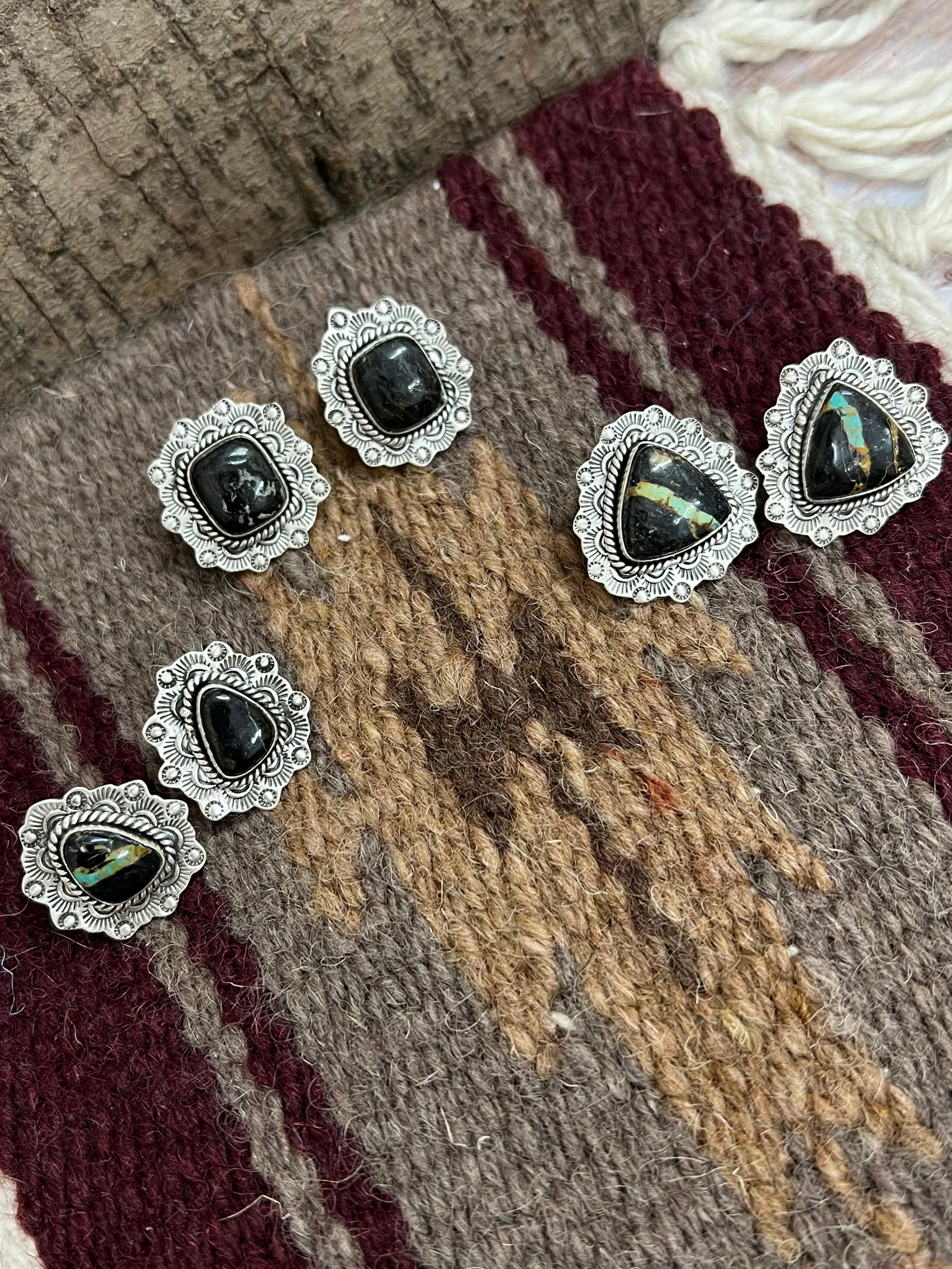 Handmade Sterling Silver Black Jack Post Earrings with Signed Nizhoni