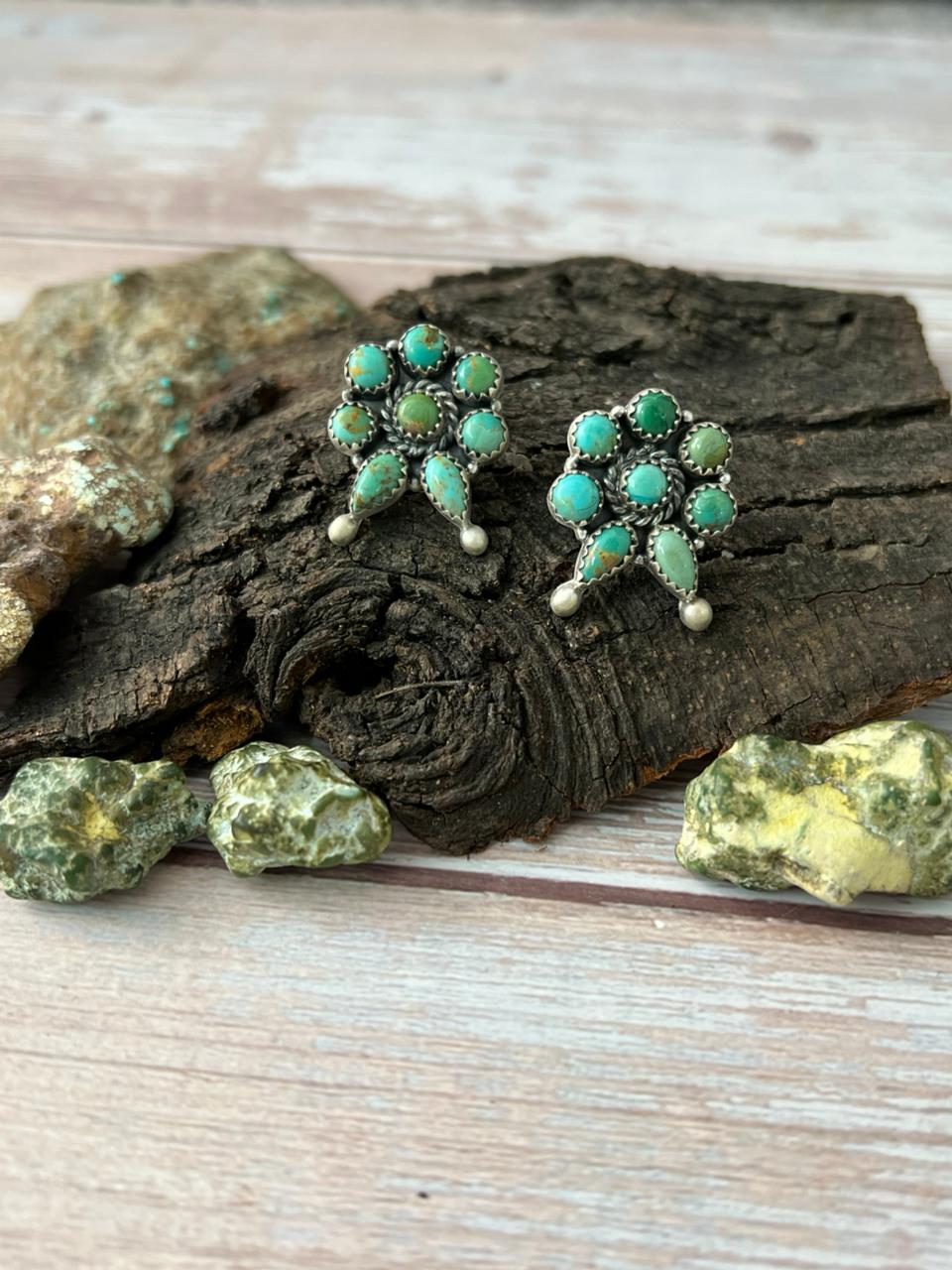 Handmade Sterling Silver Kingman Turquoise Post Studs with Signed Nizhoni