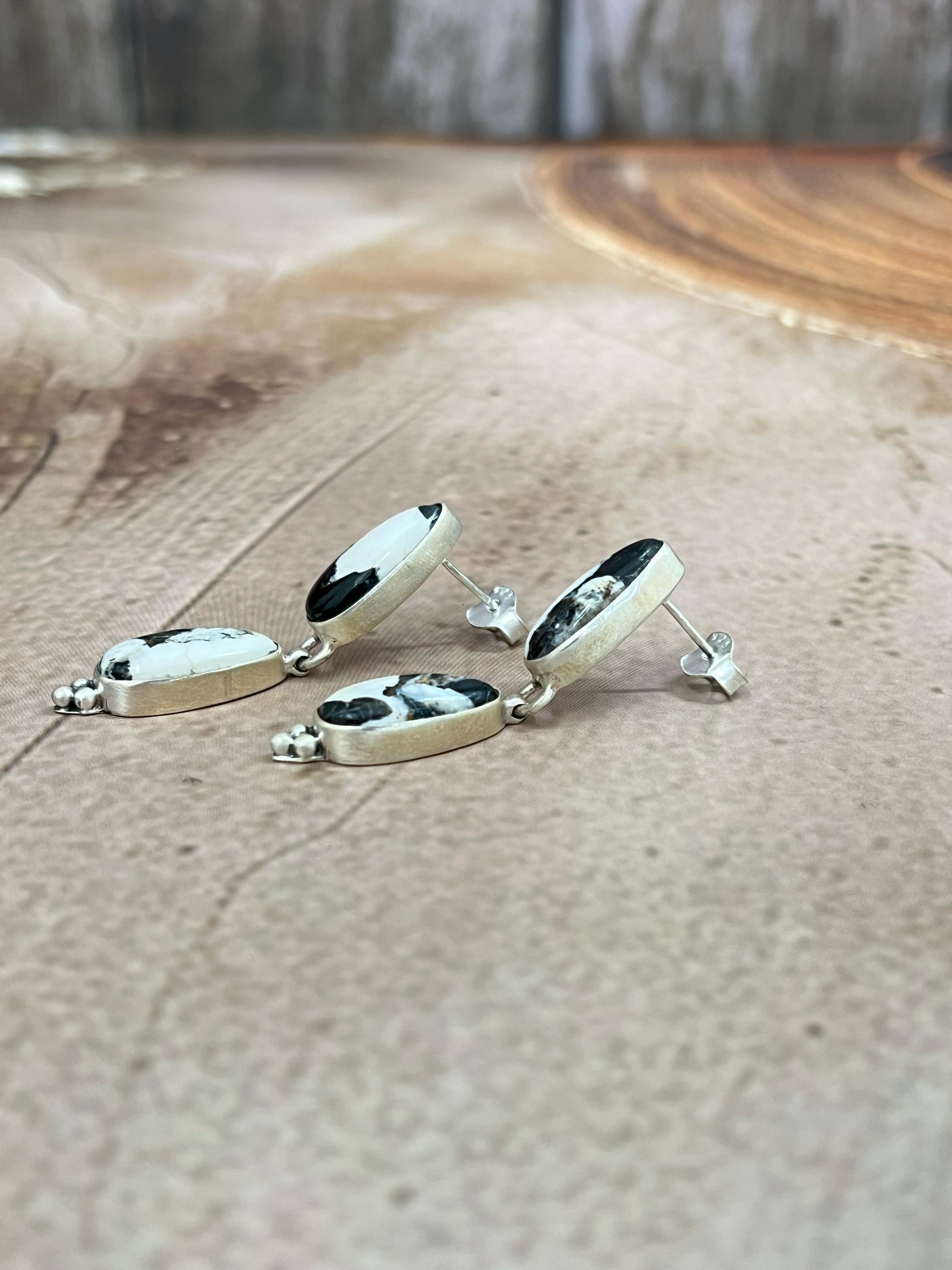 Handmade Sterling Silver White Buffalo Turquoise Dangle Earrings with Signed Nizhoni