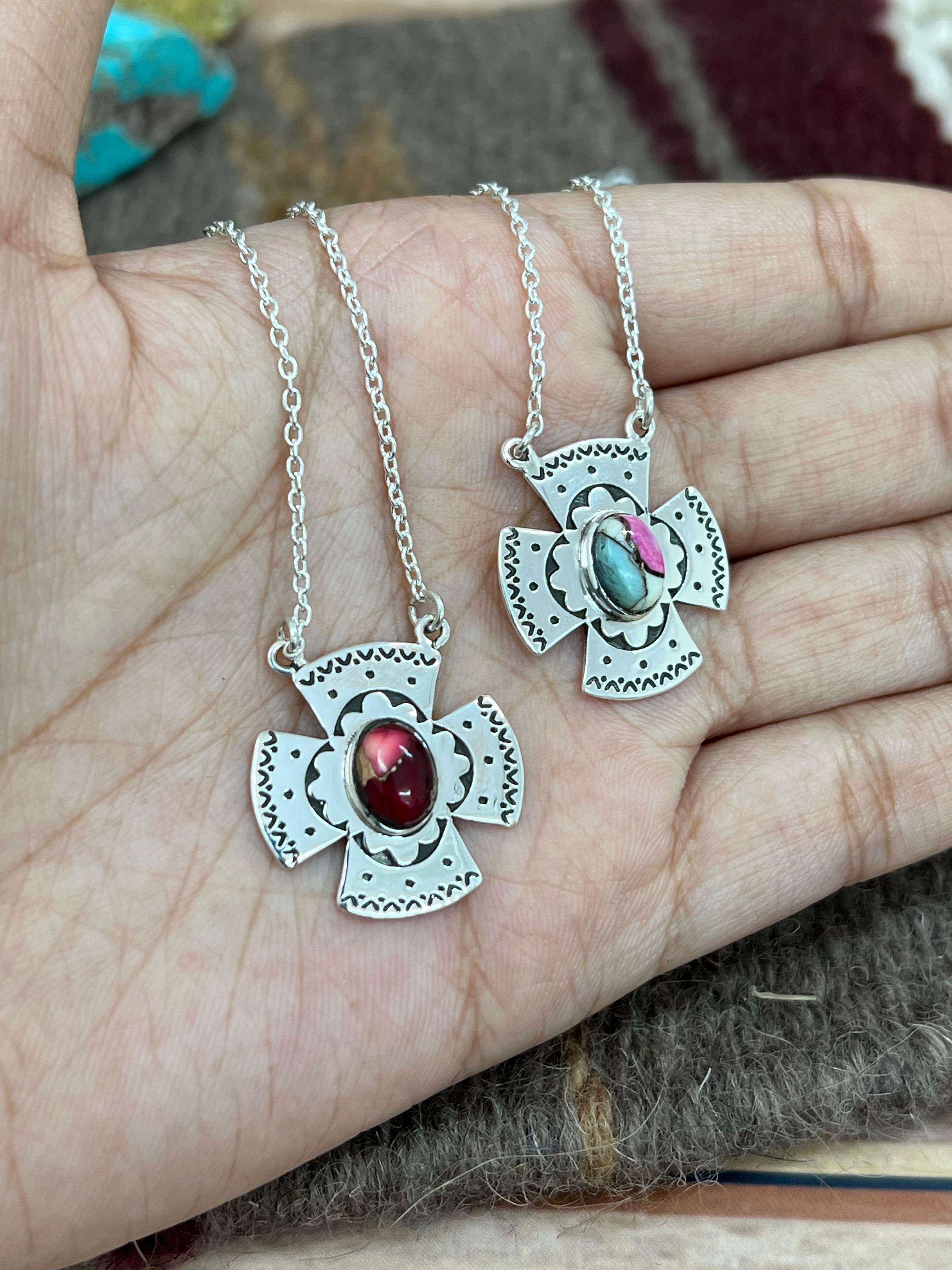 Handmade Sterling Silver Cotton Candy Turquoise, Dahlia Rose Necklace with Signed Nizhoni