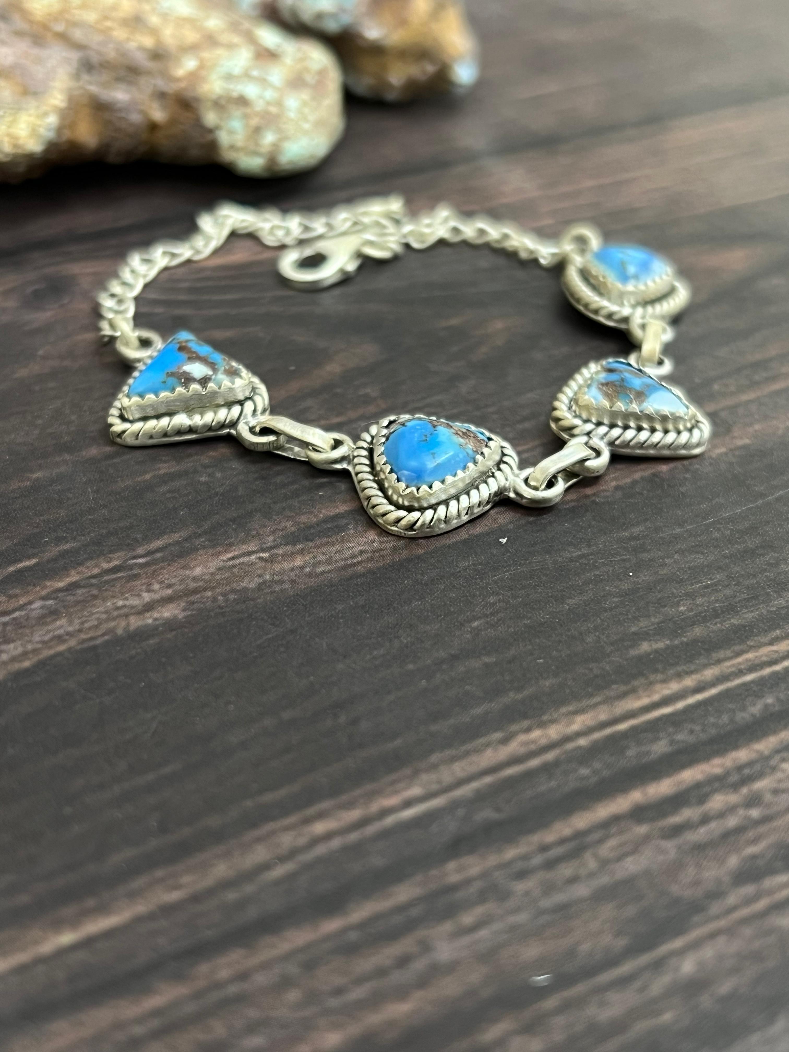 Handmade Sterling Silver Golden Hills Turquoise Chain Bracelet with Signed Nizhoni