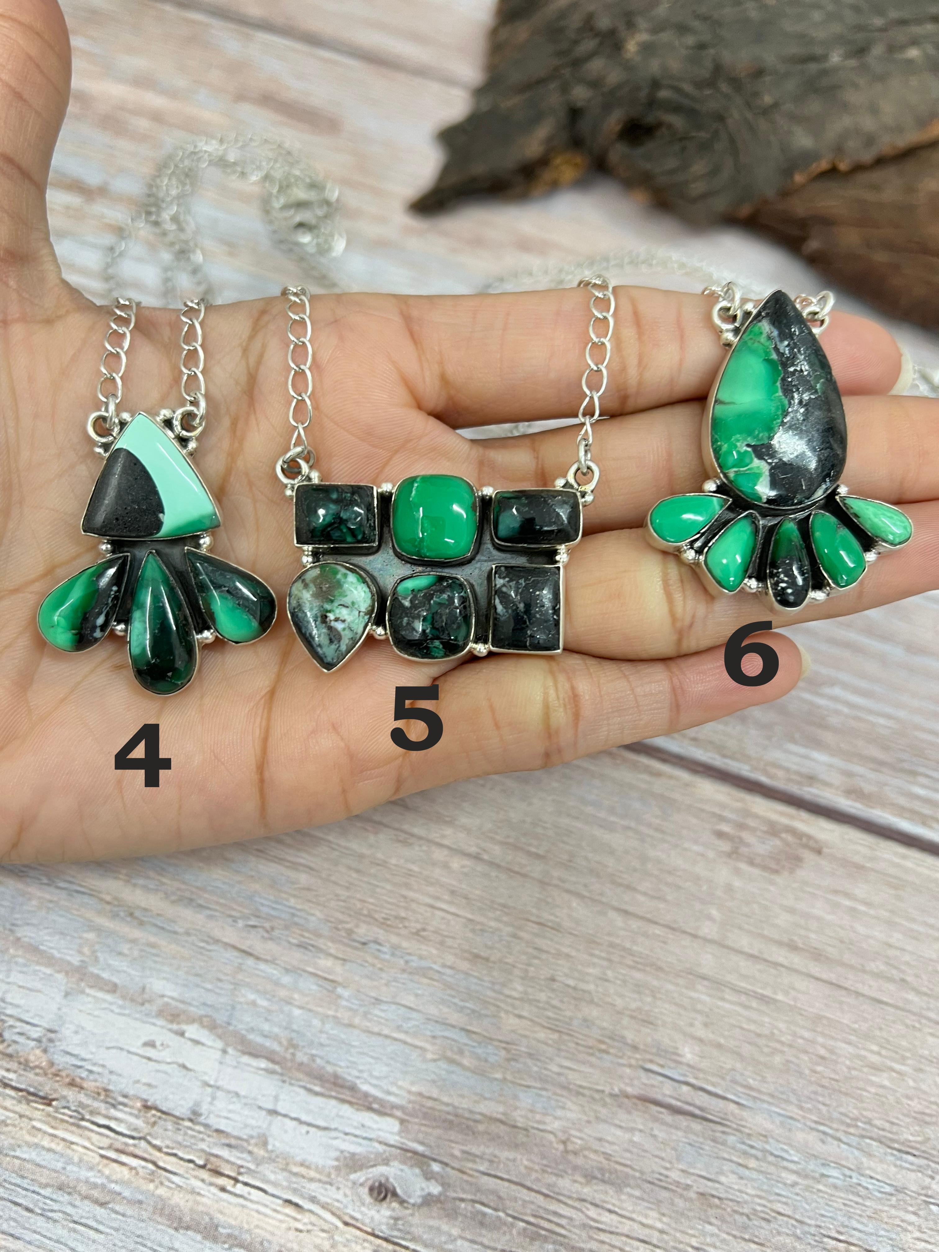 Handmade Sterling Silver Emerald Rose Necklace with Signed Nizhoni