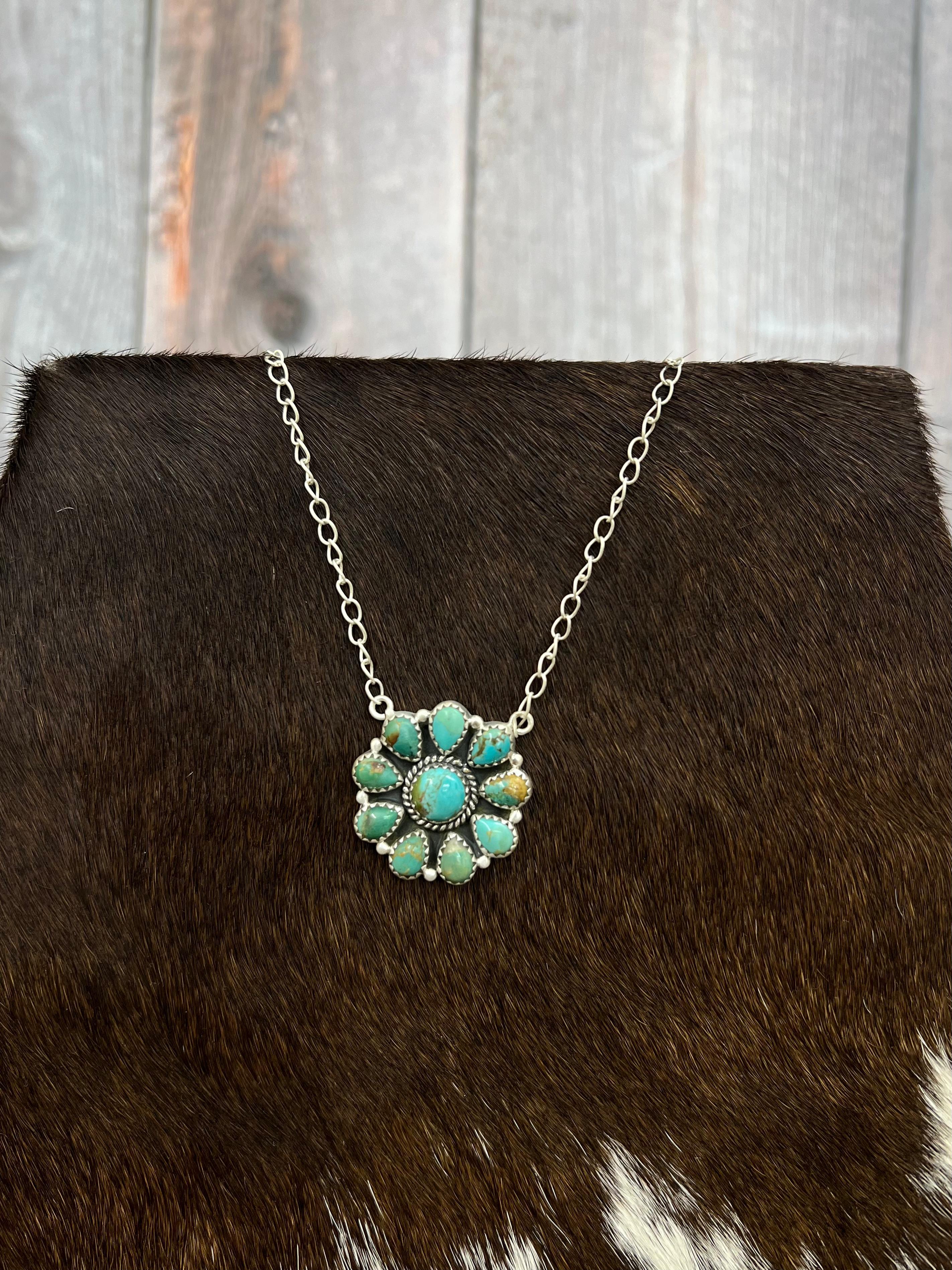 Handmade Sterling Silver Kingman Turquoise Necklace with Signed Nizhoni