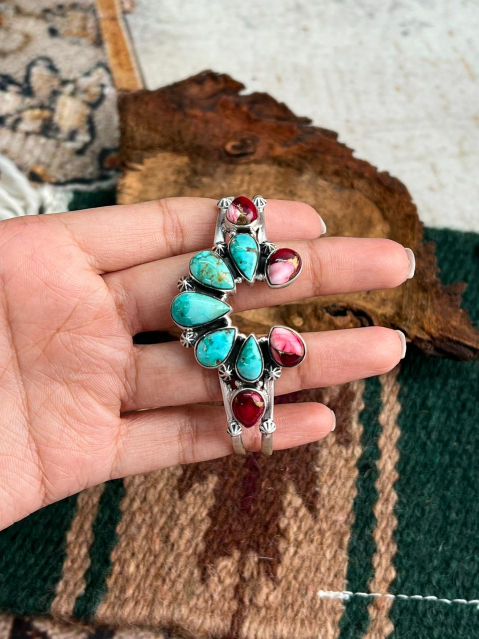 Handmade Sterling Silver Dahlia Rose with Emerald Valley Turquoise Cuff Bracelet "Signed Nizhoni"