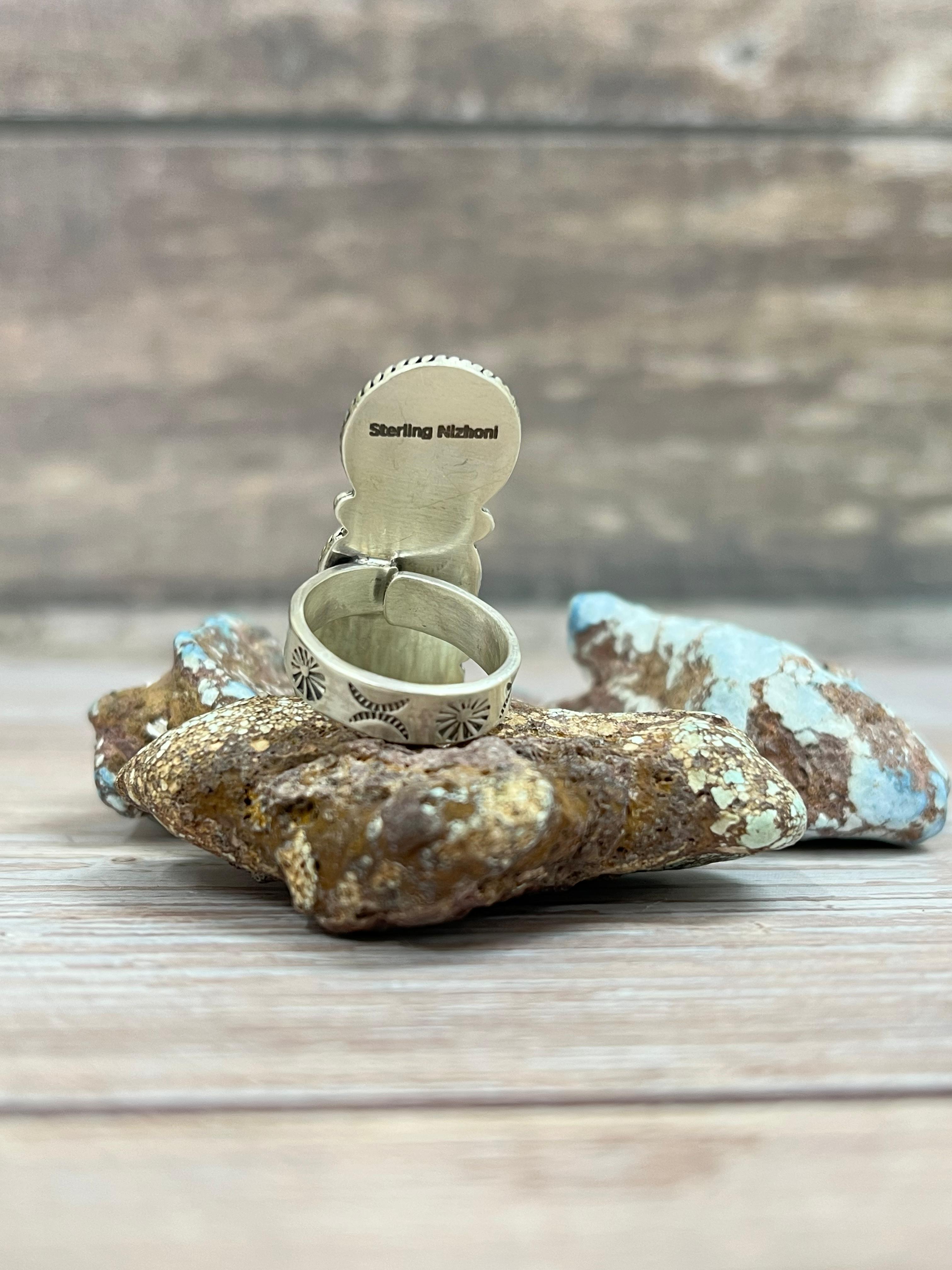 Handmade Sterling Silver Golden Hills Turquoise Adjustable Ring With Signed Nizhoni