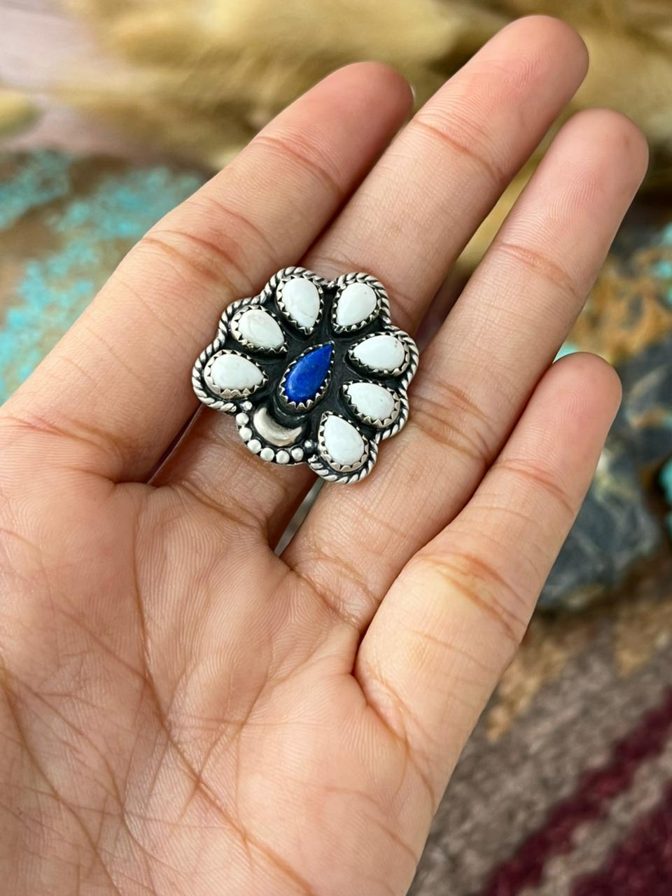 Handmade Sterling Silver White Buffalo with Lapis Adjusatble Ring "Signed Nizhoni"