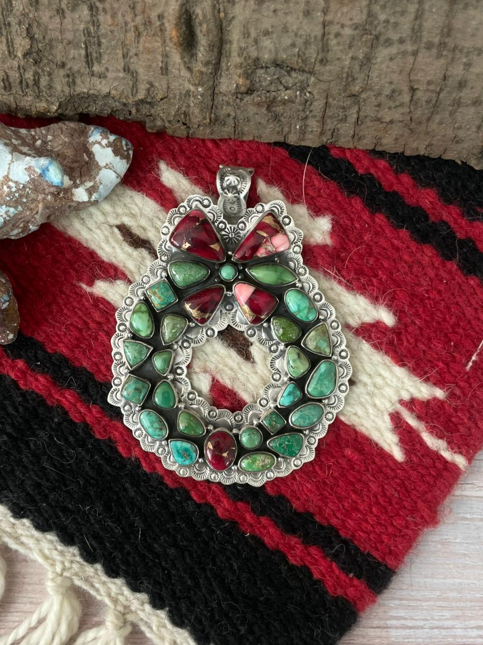 Handmade Sterling Silver Dahlia Rose with Emerald Valley Turquoise Pendant "Signed Nizhoni"