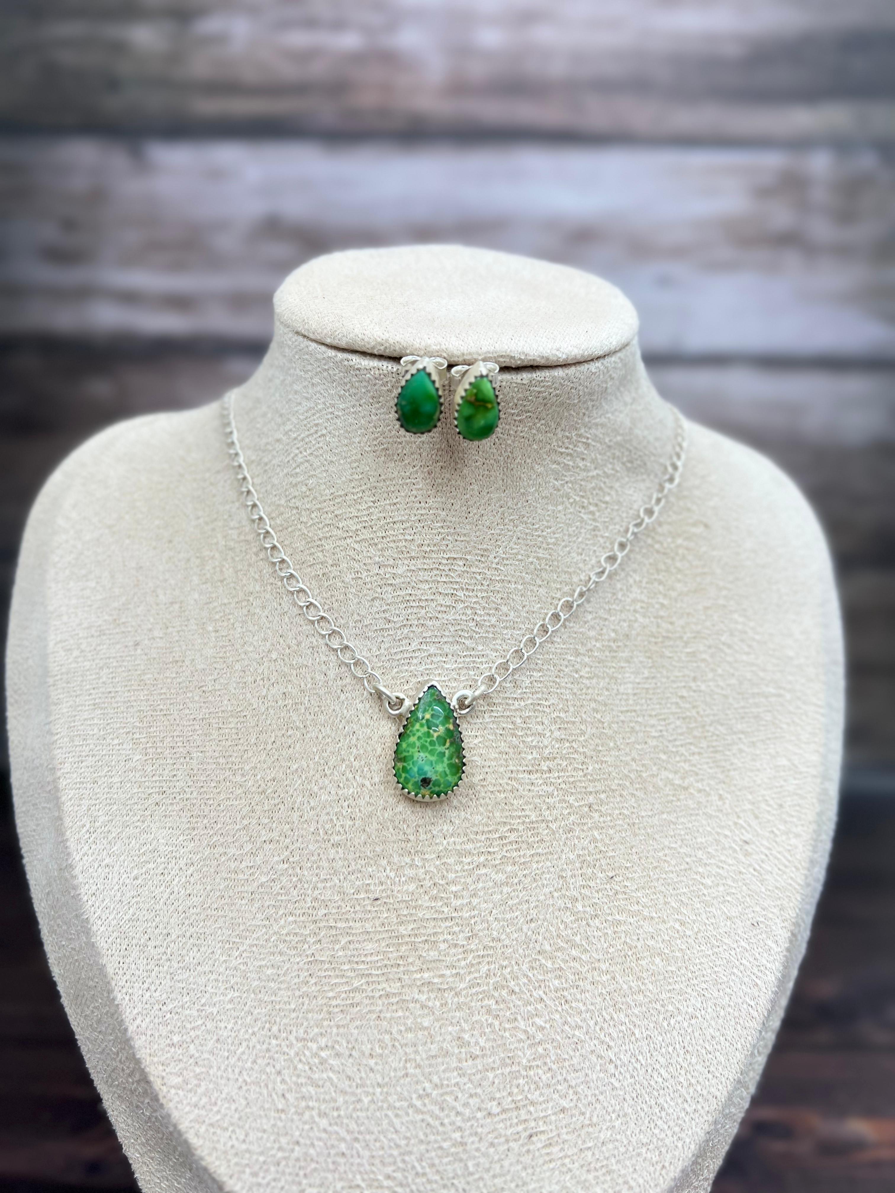 Handmade Sterling Silver Sonoran Mountain Turquoise Necklace Earrings Set with Signed Nizhoni