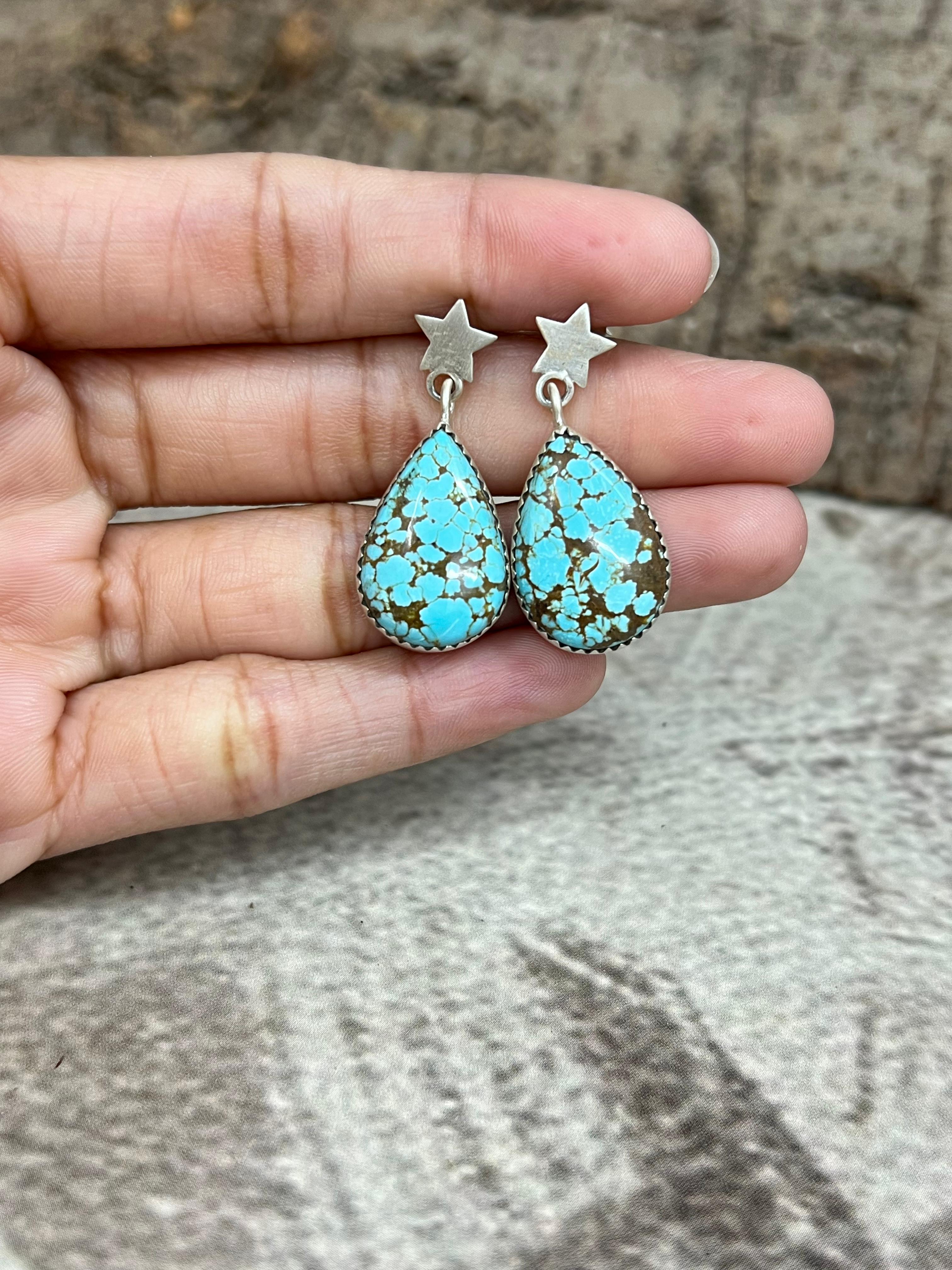 Handmade Sterling Silver Number 8 Turquoise Dangle Earrings with Signed Nizhoni (8)