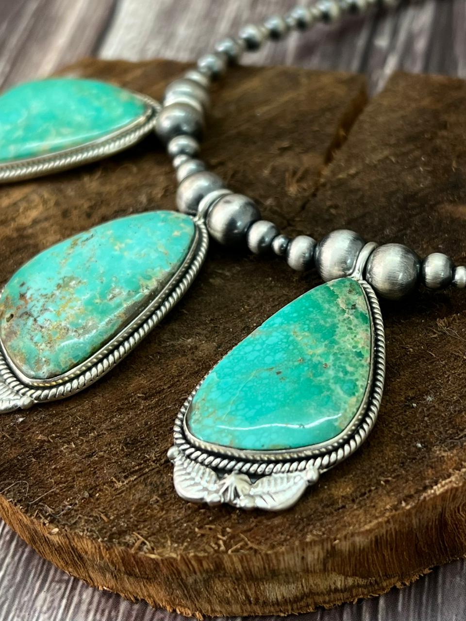 Handmade Sterling Silver Beaded Mantis Turquoise Necklace "Signed Nizhoni"