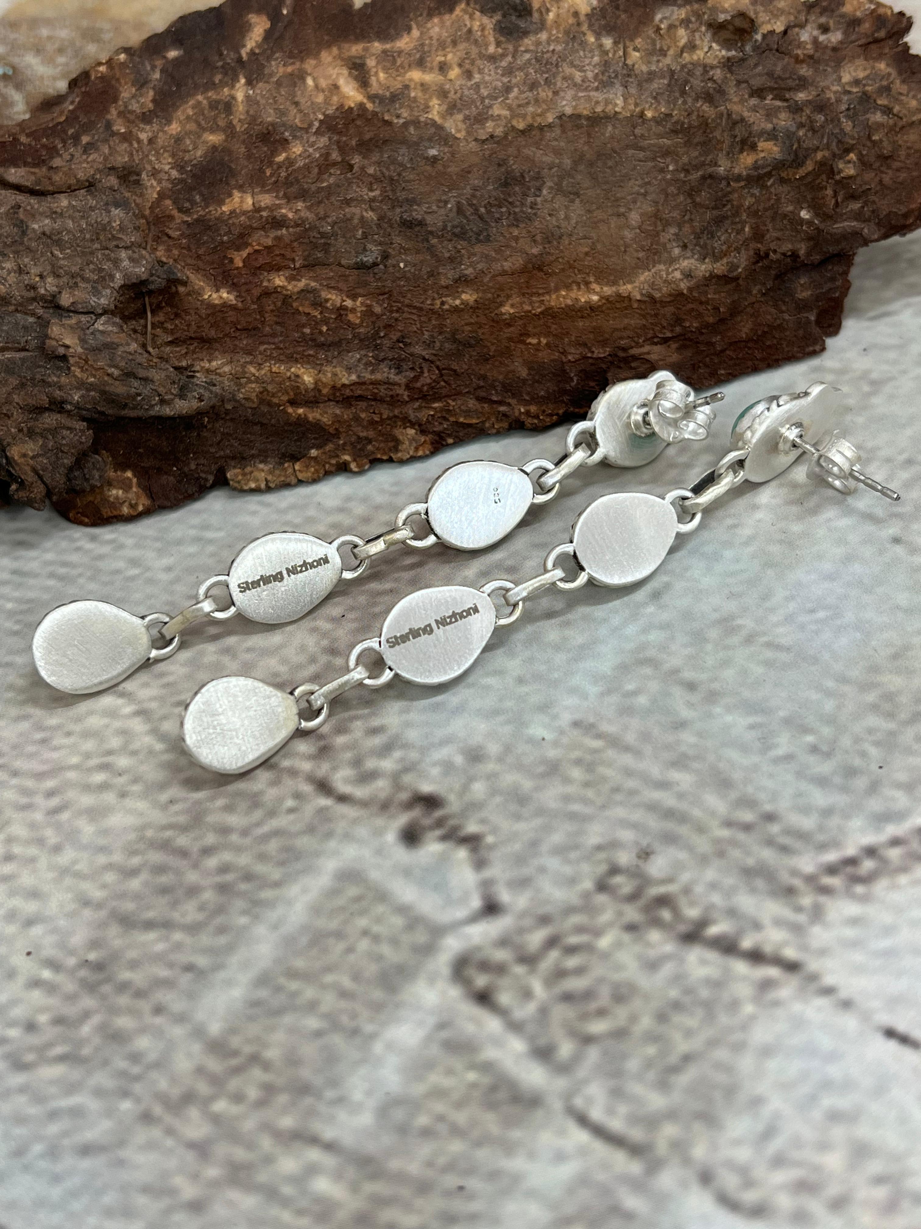 Handmade Sterling Silver Kingman Turquoise Post Dangle Earrings with Signed Nizhoni