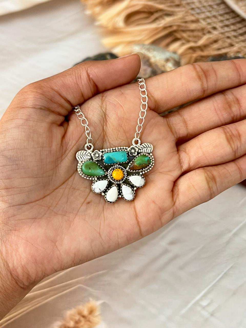Handmade Sterling Silver Spring Collection: White Buffalo with Bumblebee & Sonoran Mountain Turquoise Necklace "Signed Nizhoni"