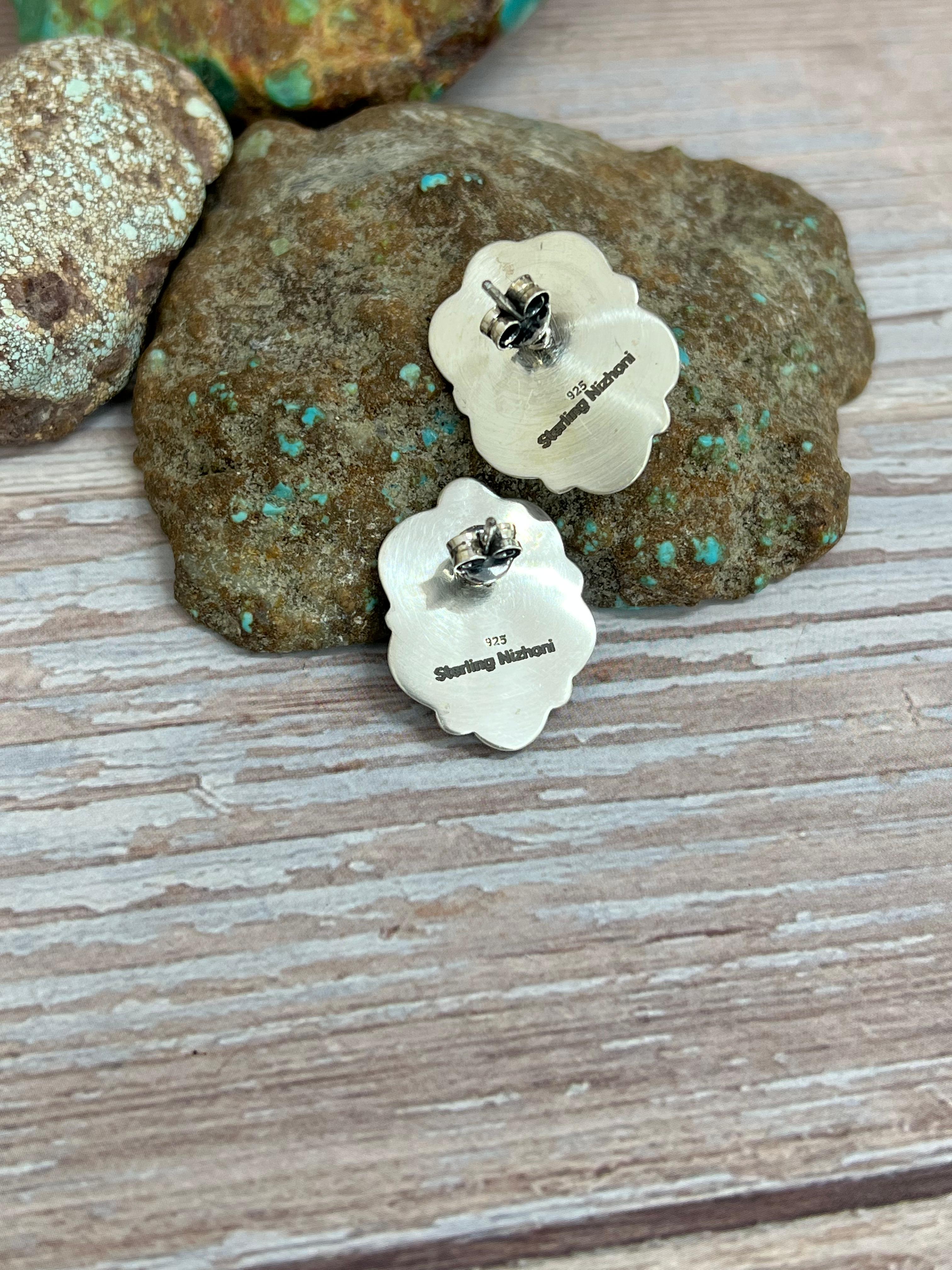 Handmade Sterling Silver Sonoran Mountain Turquoise Post Earrings with Signed Nizhoni