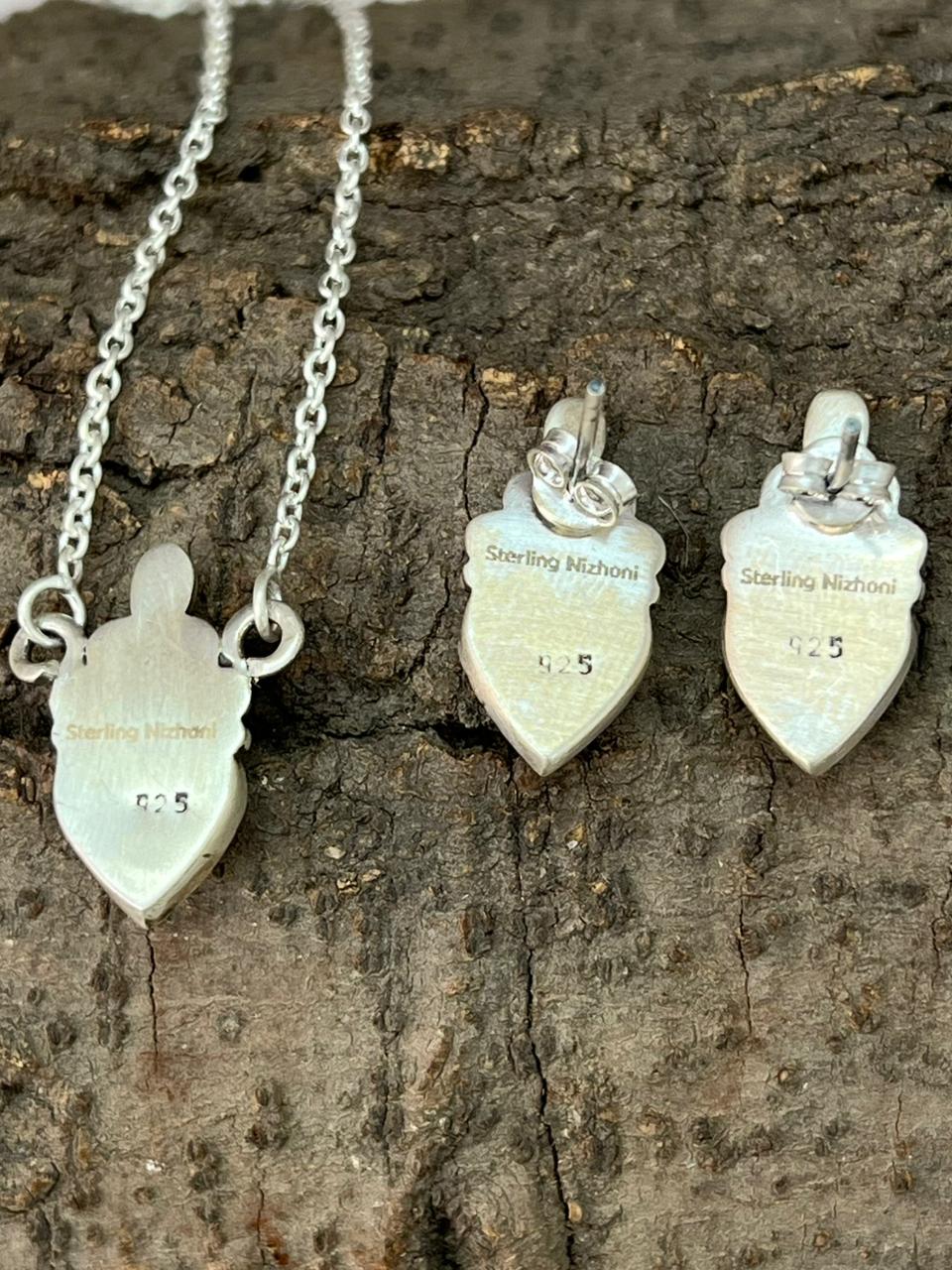 Handmade Sterling Silver White Buffalo Necklace Earrings Set "Signed Nizhoni"