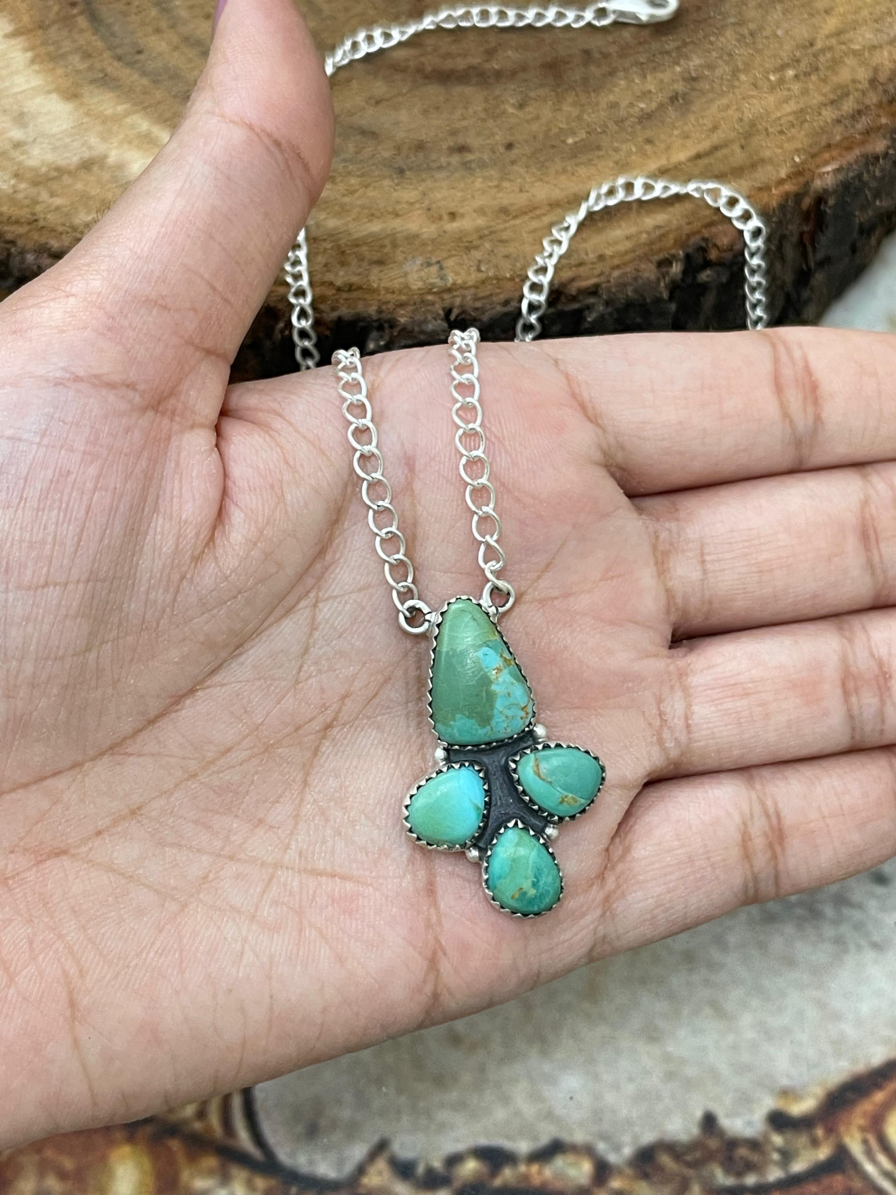 Handmade Sterling Silver Kingman Turquoise Necklace with Signed Nizhoni