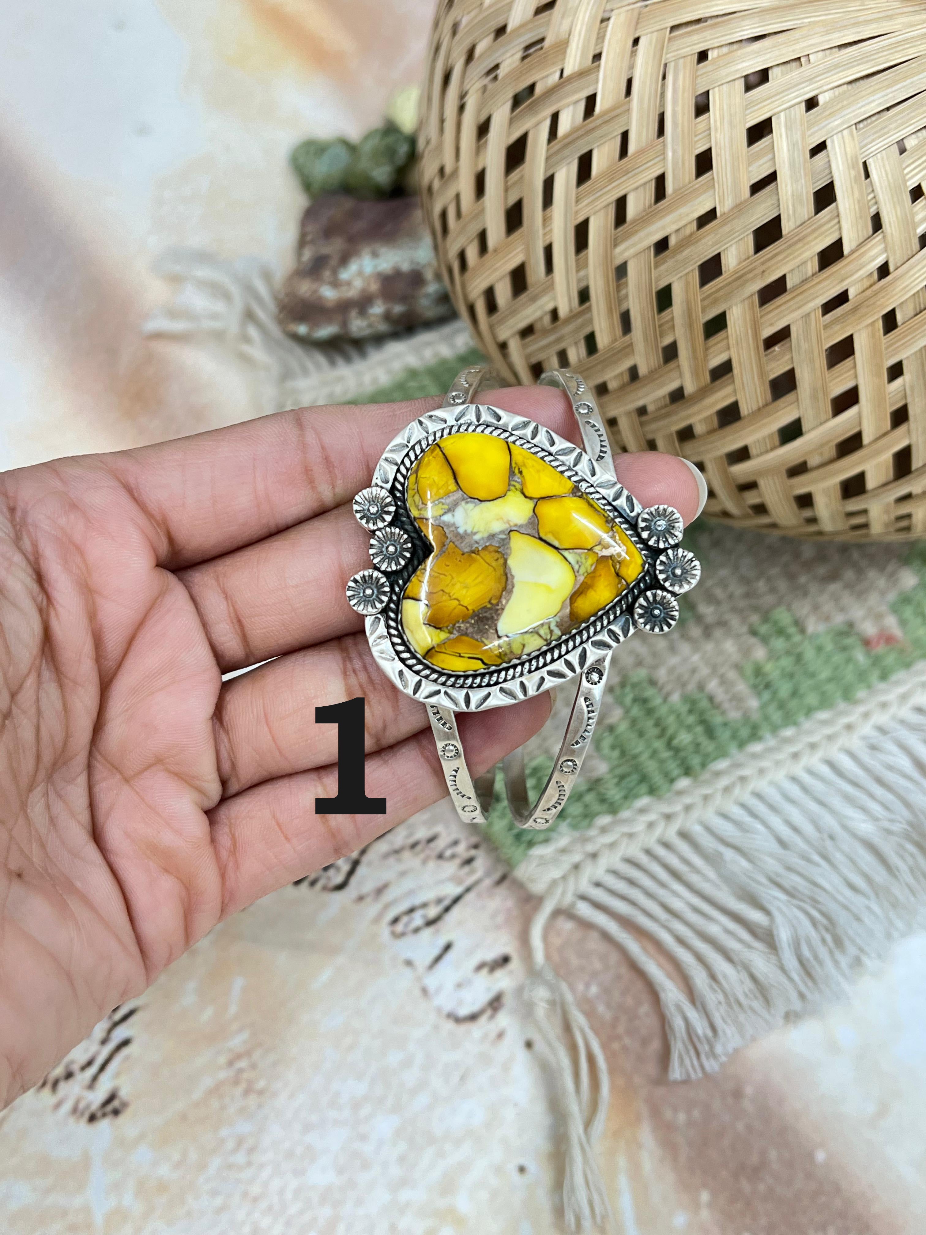 Handmade Sterling Silver Honey Dahlia Cuff Bracelet with Signed Nizhoni