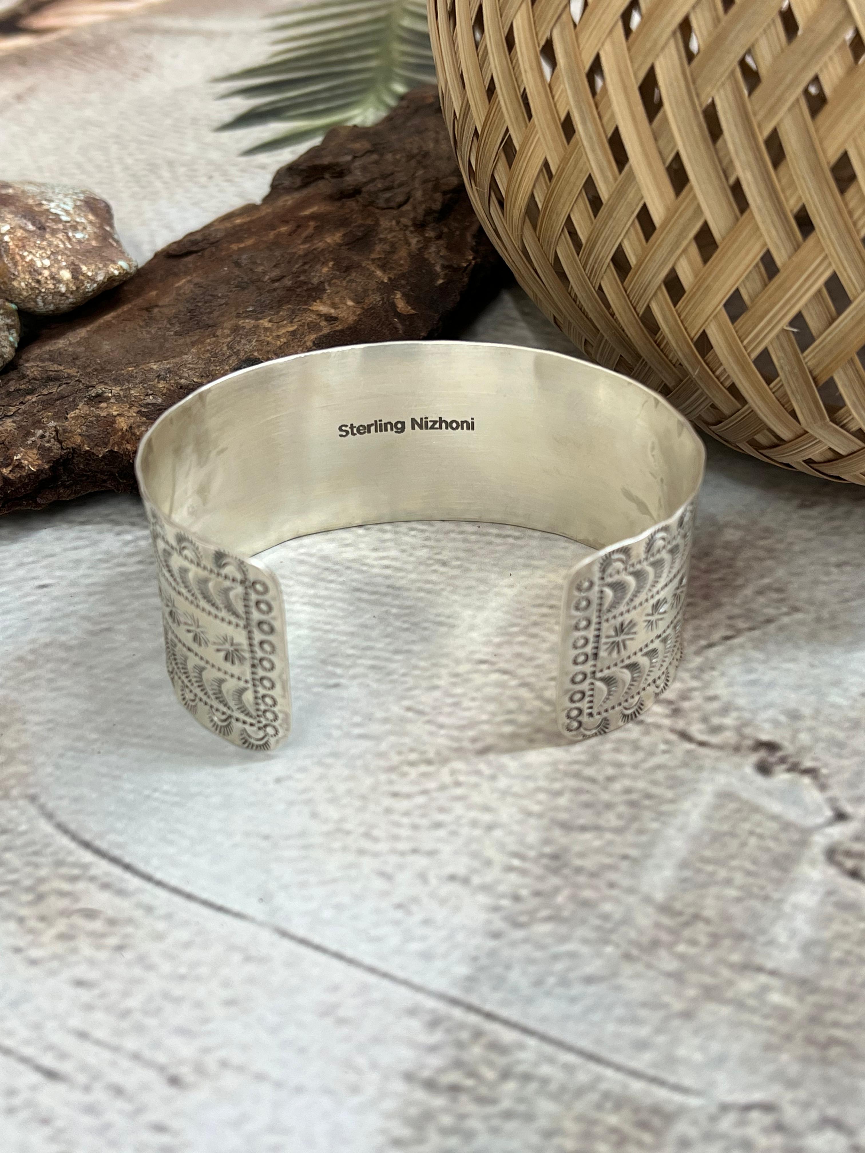 Handmade Sterling Silver Blackjack Turquoise Cuff Bracelet with Signed Nizhoni