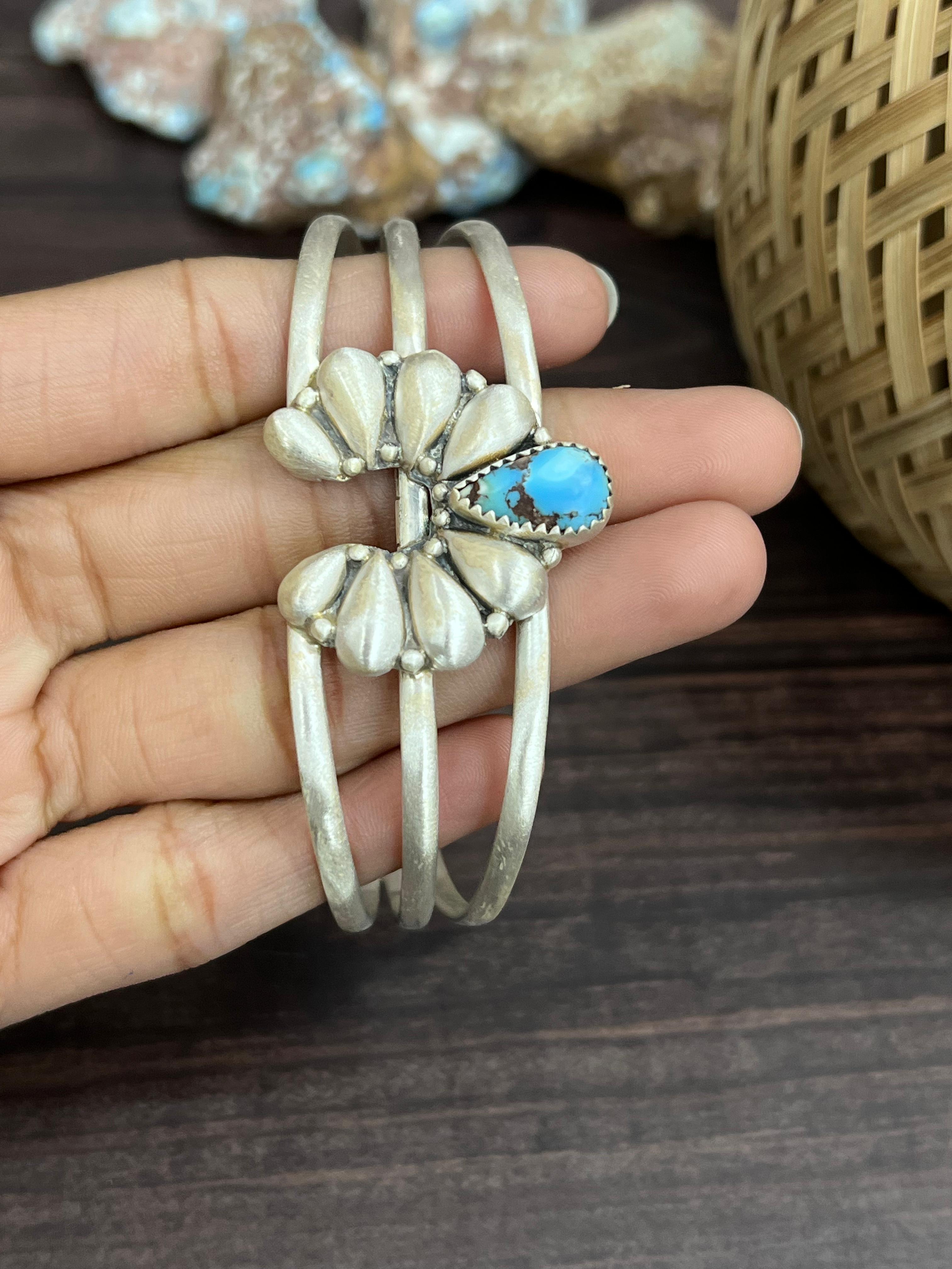 Handmade Sterling Silver Golden Hills Turquoise Cuff Bracelet with Signed Nizhoni