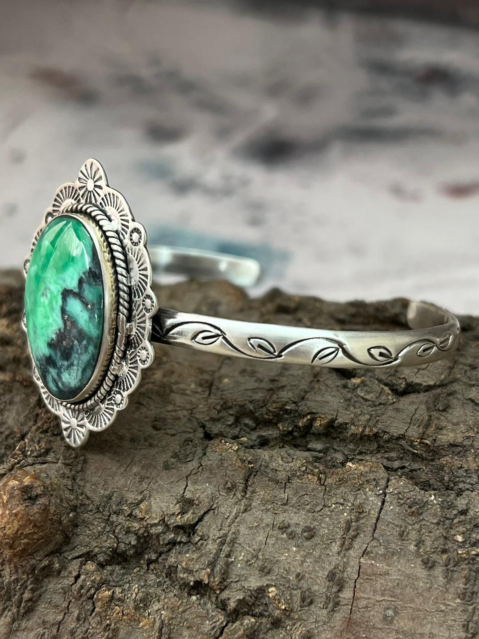 Handmade Sterling Silver Emerald Rose Cuff Bracelet "Signed Nizhoni"