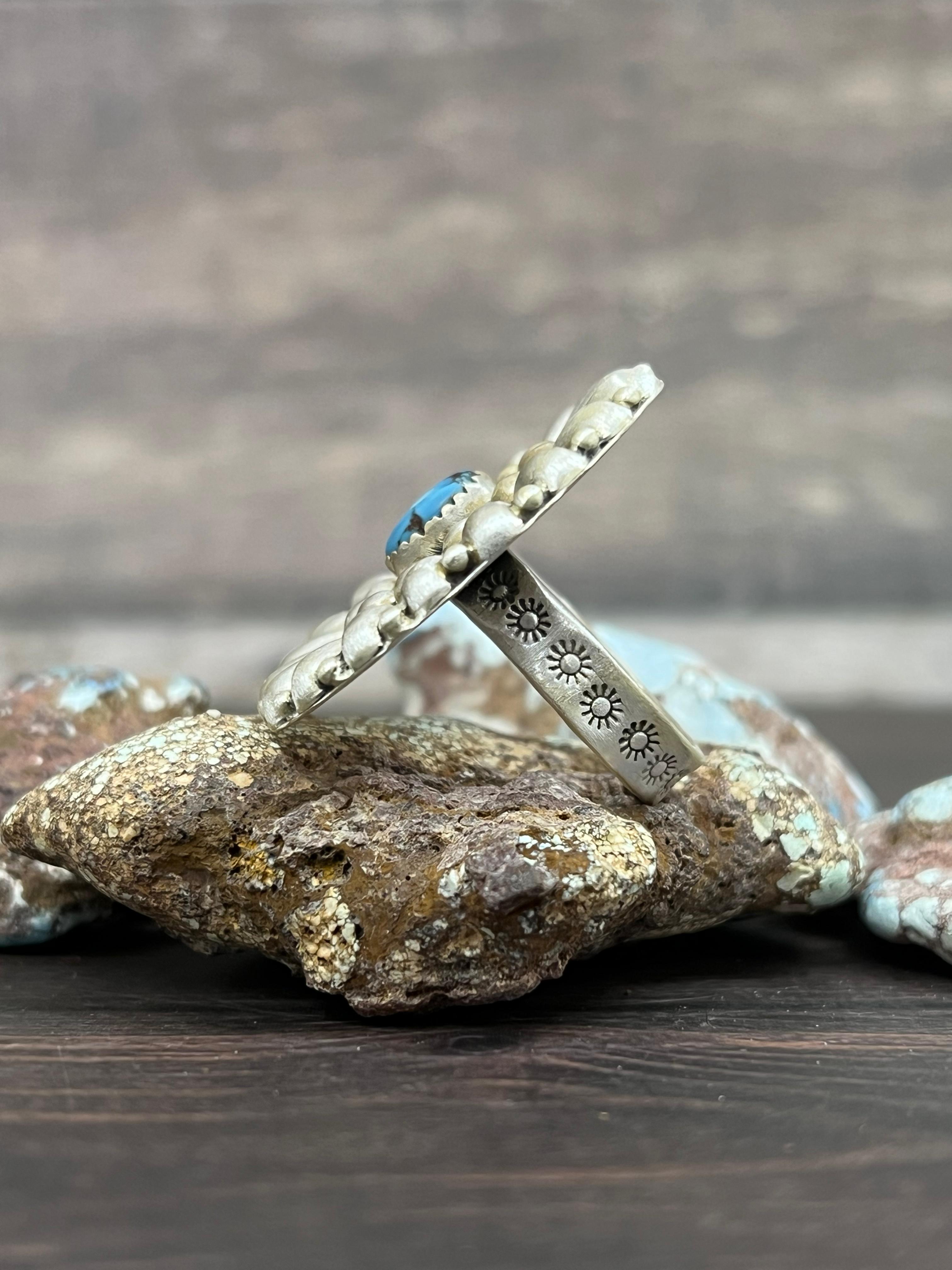 Handmade Sterling Silver with Golden Hills Turquoise Adjustable Ring With Signed Nizhoni