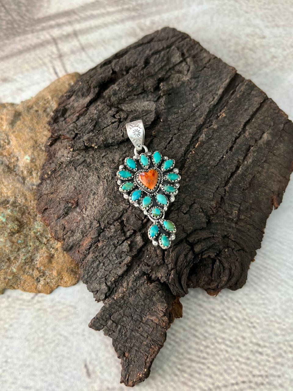 Handmade Sterling Silver Kingman Turquoise with Orange Mojave Pendant "Signed Nizhoni"