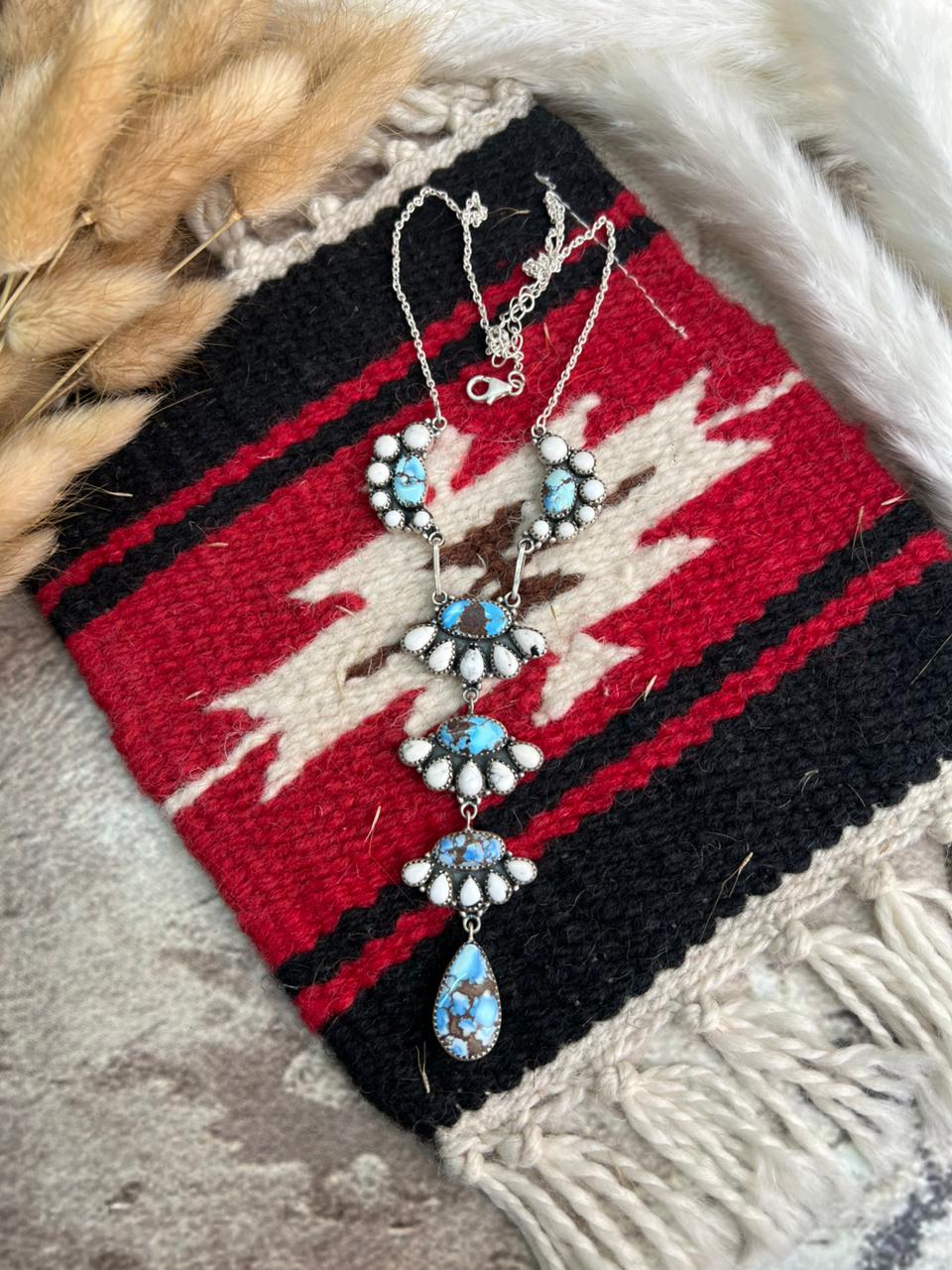 Handmade Sterling Silver Canyon Sunset Collection: Golden Hills Turquoise with White Buffalo 'Y' Shape Necklace "Signed Nizhoni"