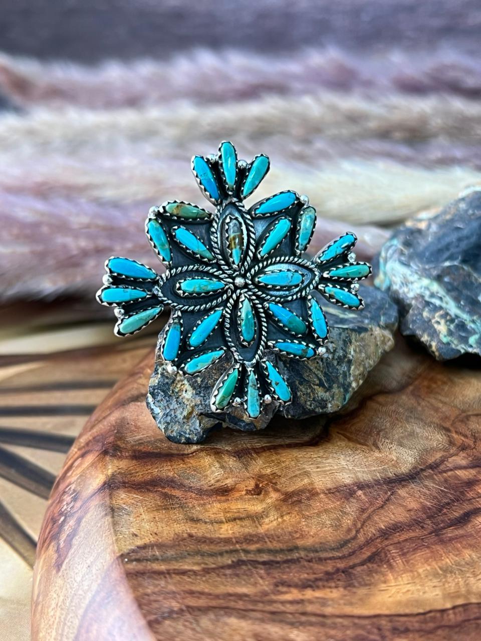 Handmade Sterling Silver Kingman Turquoise Flower Adjustable Ring "Signed Nizhoni"