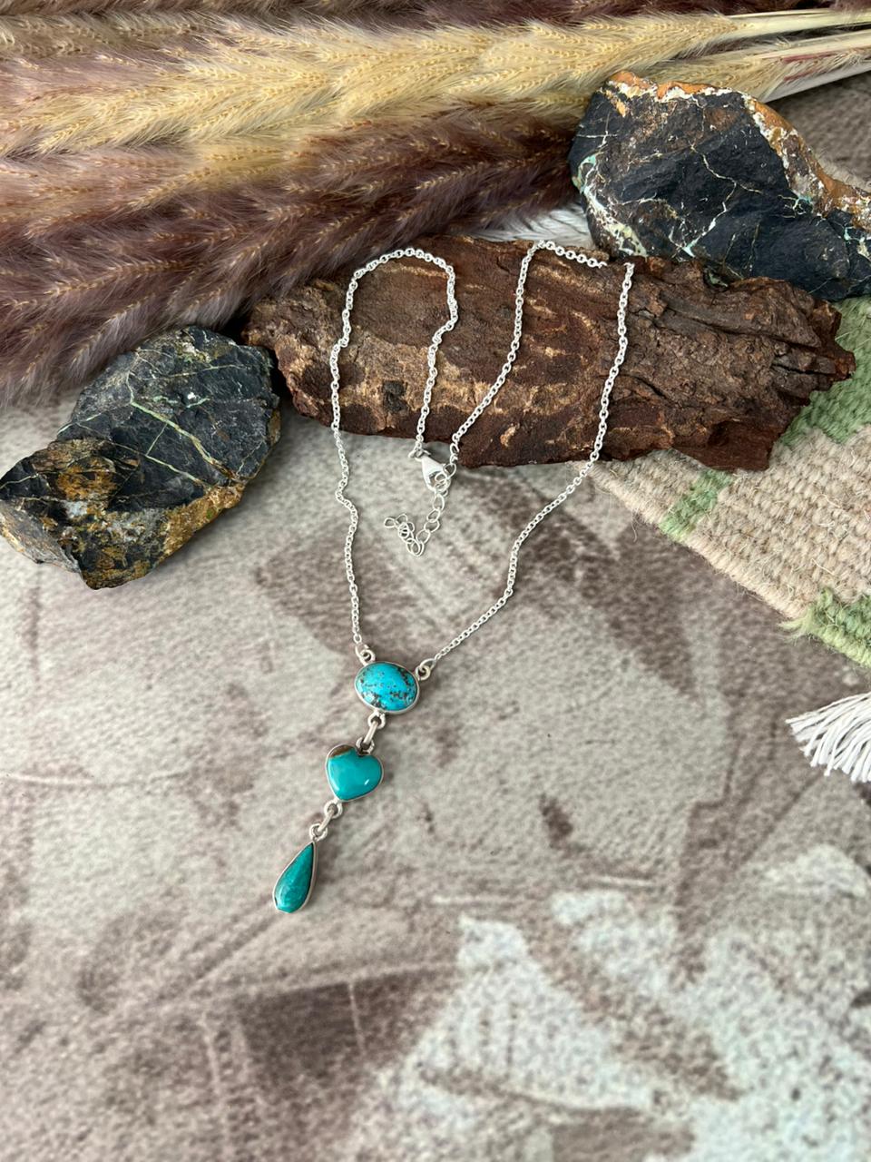 Handmade Sterling Silver Manassa Turquoise Collection: Drop Heart Necklace "Signed Nizhoni"