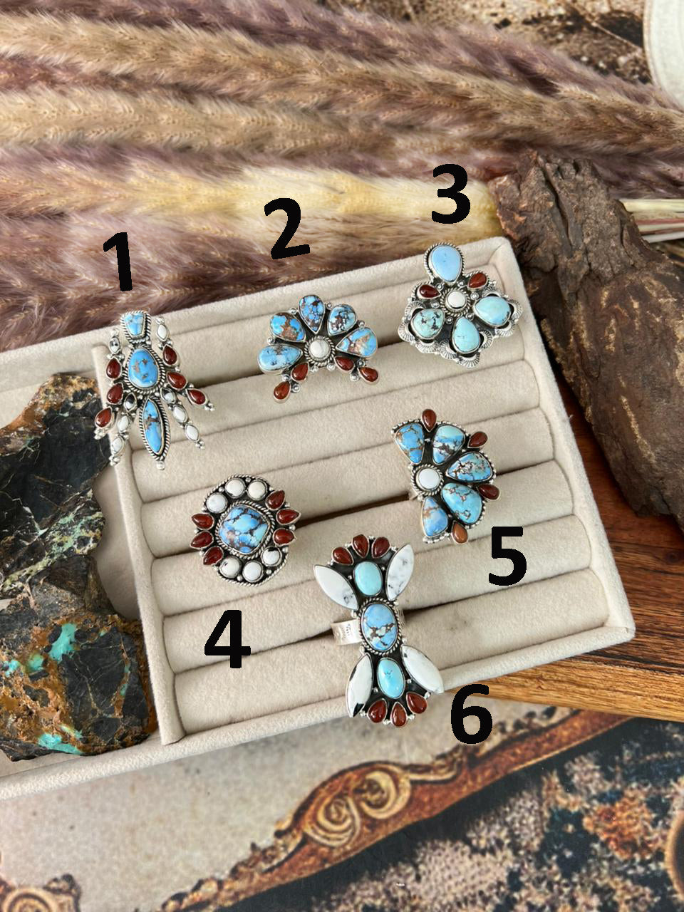 Handmade Sterling Silver Canyon Sunset Collection: Golden Hills Turquoise with White Buffalo and Carnelian Adjustable Ring "Signed Nizhoni"