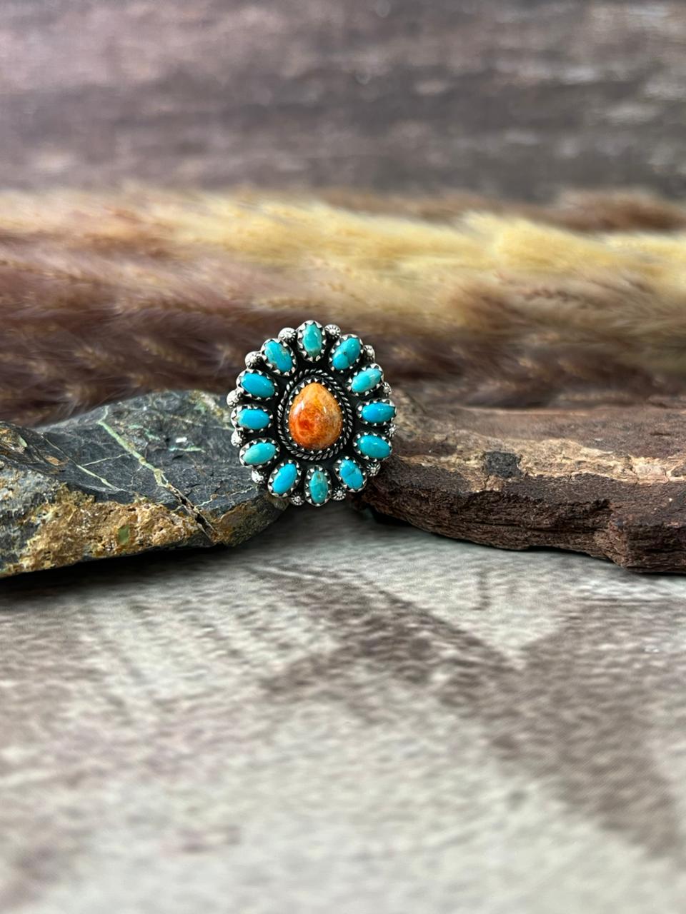Handmade Sterling Silver Kingman with Orange Mojave Adjustable Ring "Signed Nizhoni"