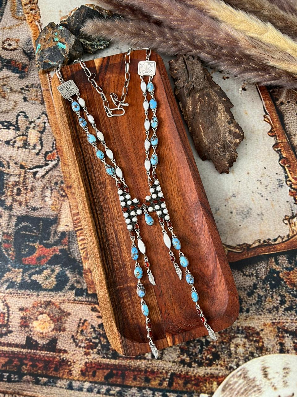 Handmade Sterling Silver Canyon Sunset Collection: Golden Hills Turquoise with White Buffalo and Carnelian Necklace "Signed Nizhoni"
